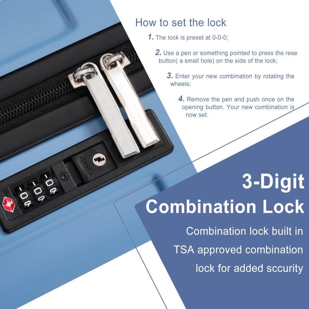 How to set the lock

1. The lock is preset at 0-0-0;
2. Use a pen or something pointed to press the reset button (a small hole) on the side of the lock;
3. Enter your new combination by rotating the wheels;
4. Remove the pen and push once on the opening button. Your new combination is now set.

3-Digit Combination Lock

Combination lock built in TSA approved combination lock for added security