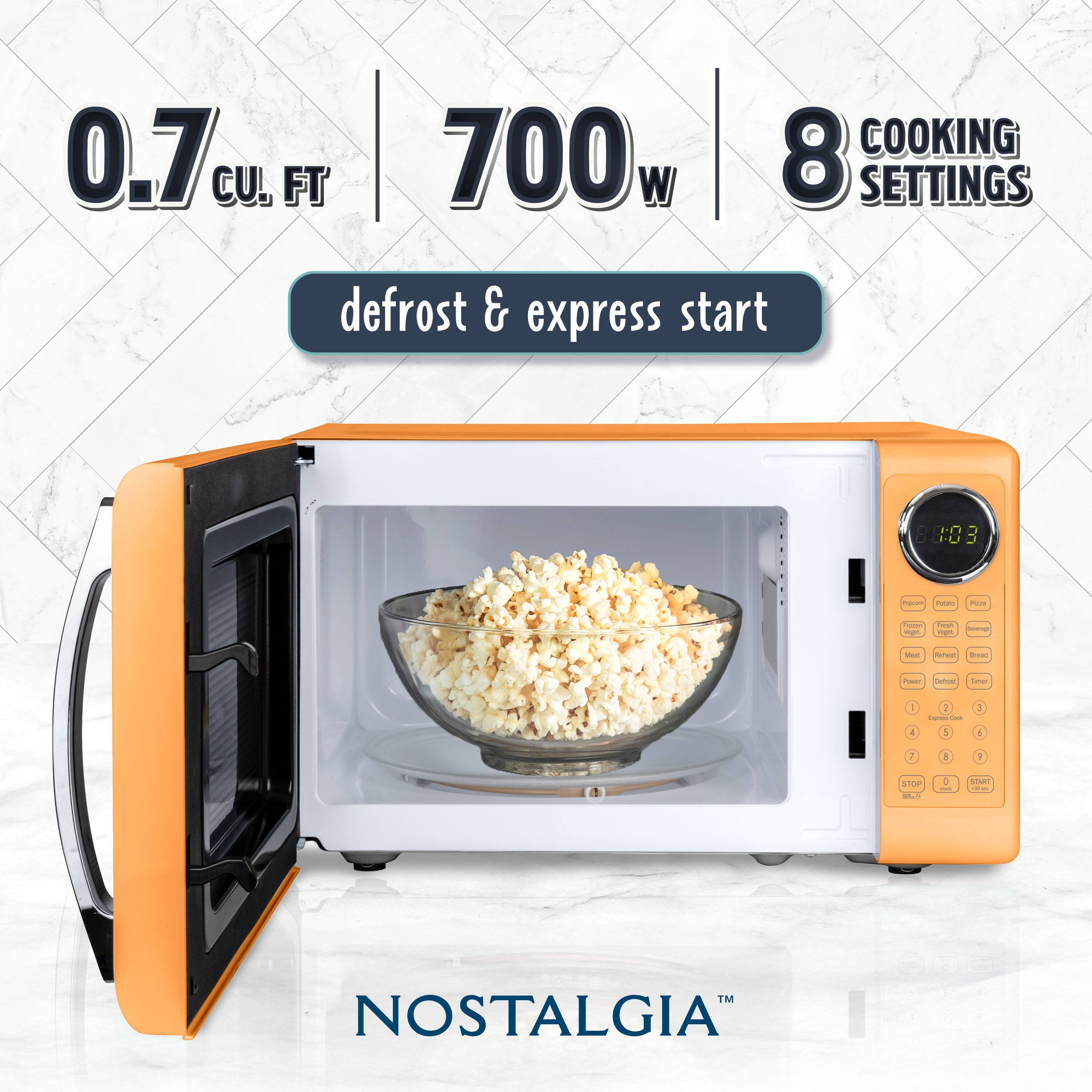 0.7 cu. ft. | 700w | 8 COOKING SETTINGS  
defrost & express start  
NOSTALGIA™