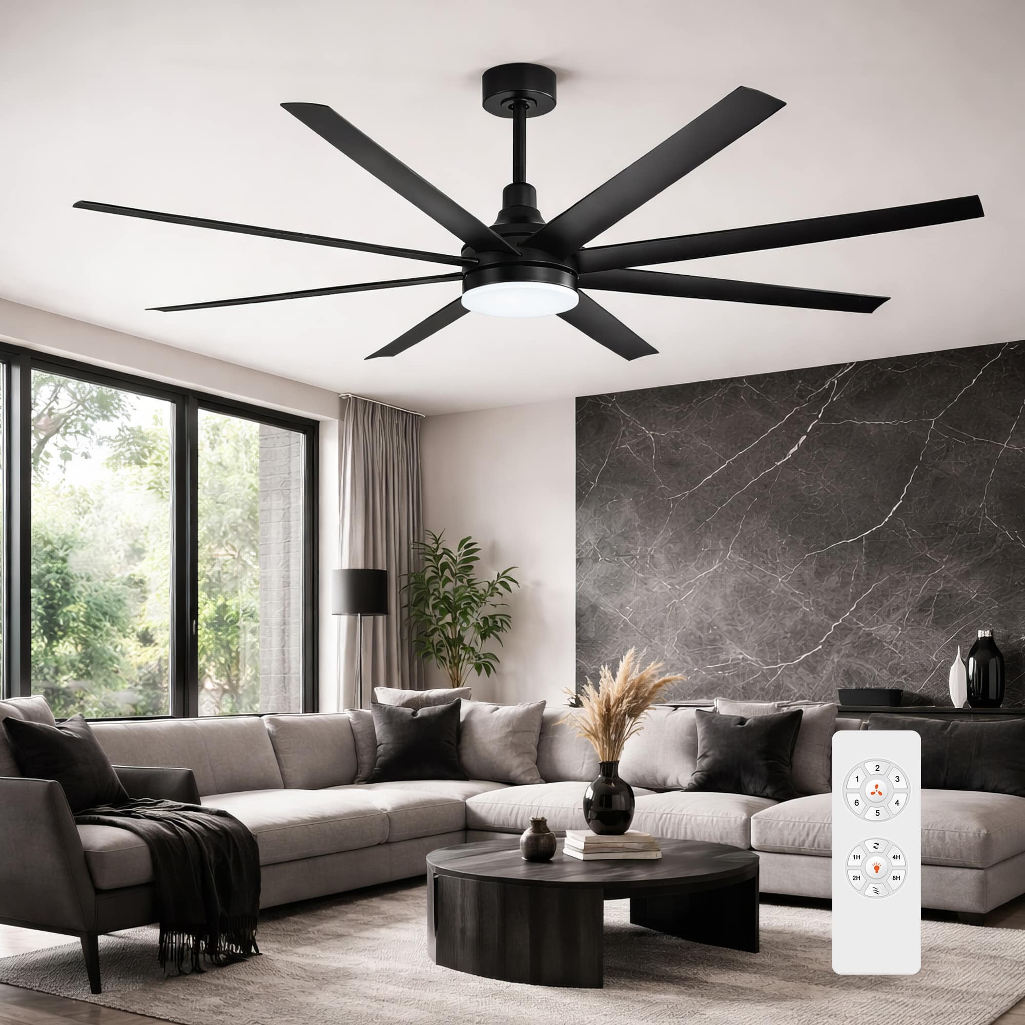 Front. Breezary - 72" Large Indoor Ceiling Fan with Remote, 8 ABS Blades, 6-Speed DC Motor, Timer, 7''/12''Downrods, Light/No Light Option - Black (With Light).