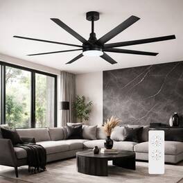 Breezary - 72" Large Indoor Ceiling Fan with Remote, 8 ABS Blades, 6-Speed DC Motor, Timer, 7''/12''Downrods, Light/No Light Option - Black (With Light)
