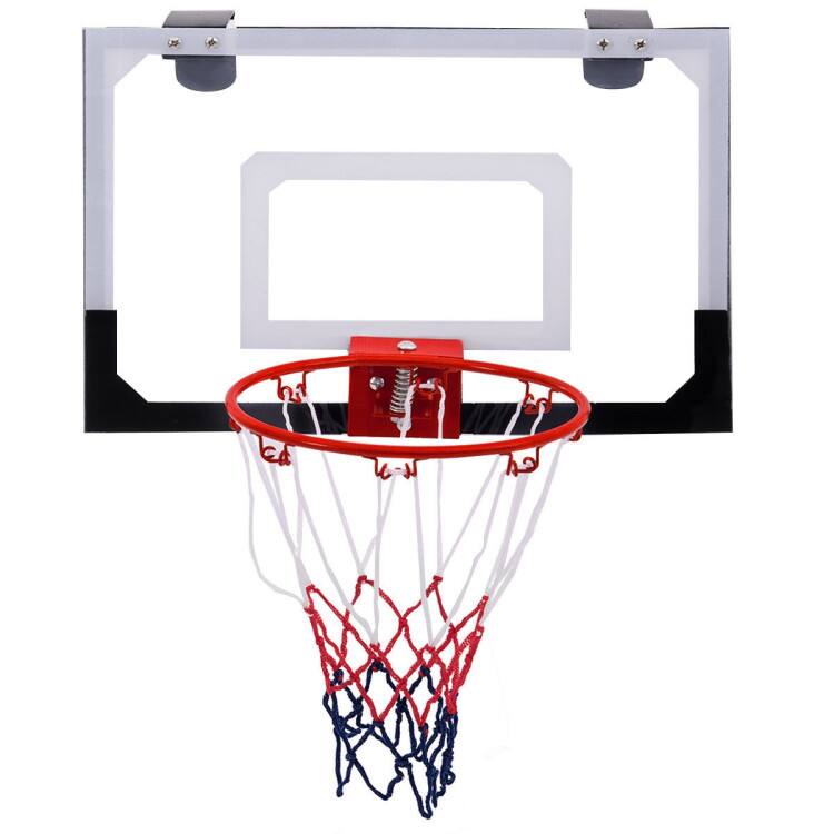 Back. SlickBlue - Indoor Over Door Basketball Hoop Set with Backboard, Ball, and 2 Nets - Red, White, Blue, Black.