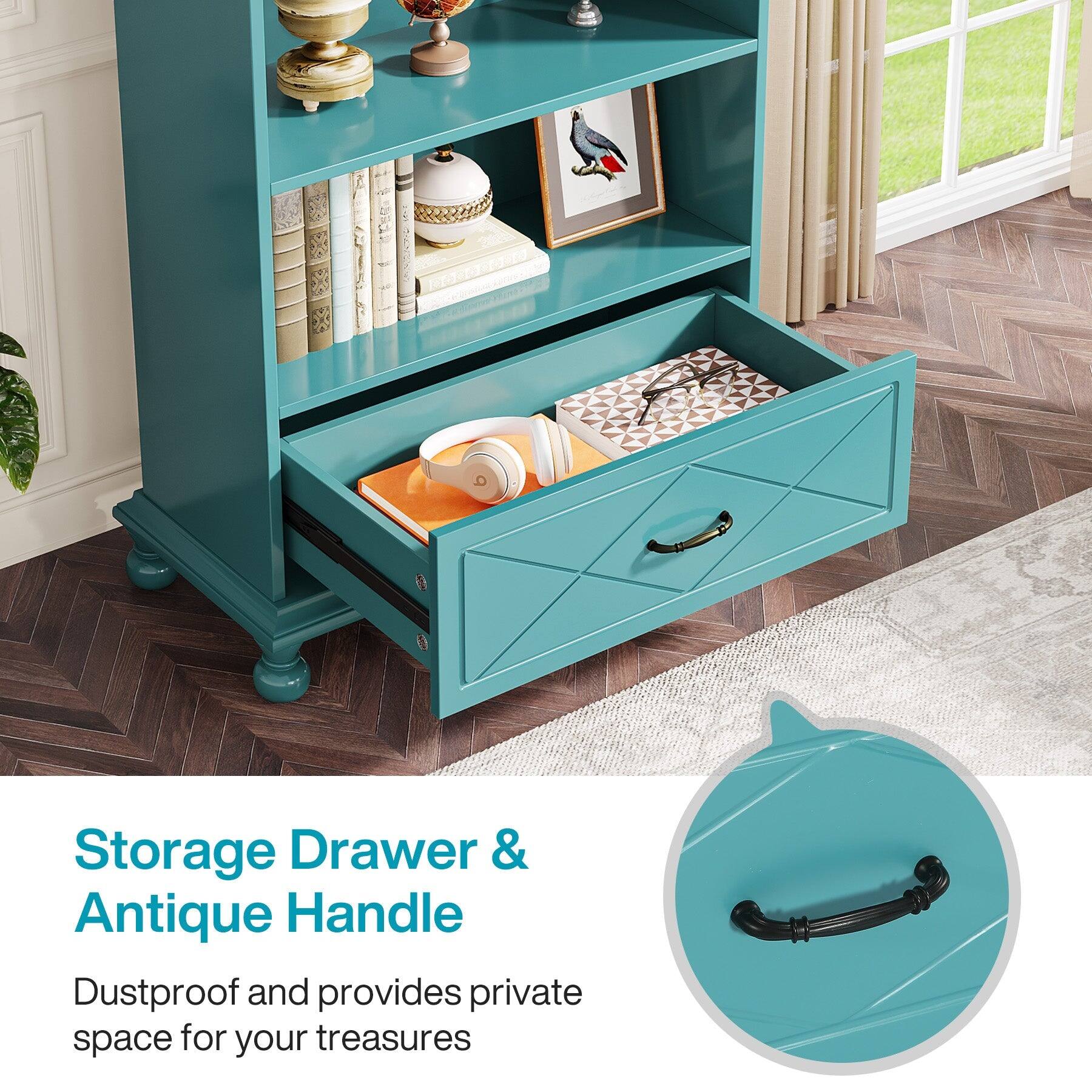 Tribesigns Solid Wood Bookshelf with Drawer Storage and Book and Decor ...
