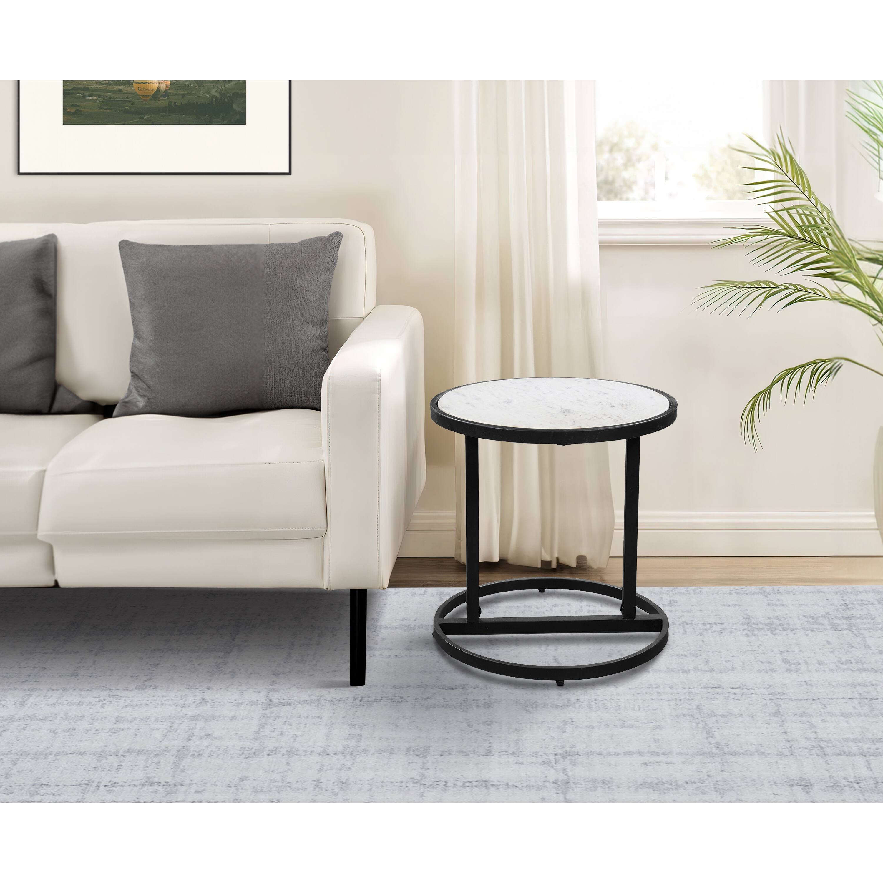Alt View 10. Manhattan Lane - Beri 18 Inch Side End Table, Round White Natural Marble Top, Classic Slim Black Iron Frame - Black, White.