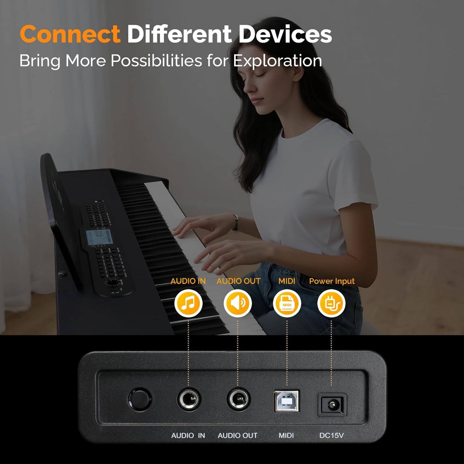 Connect Different Devices  
Bring More Possibilities for Exploration  

AUDIO IN  
AUDIO OUT  
MIDI  
Power Input  

AUDIO IN  
AUDIO OUT  
MIDI  
DC15V