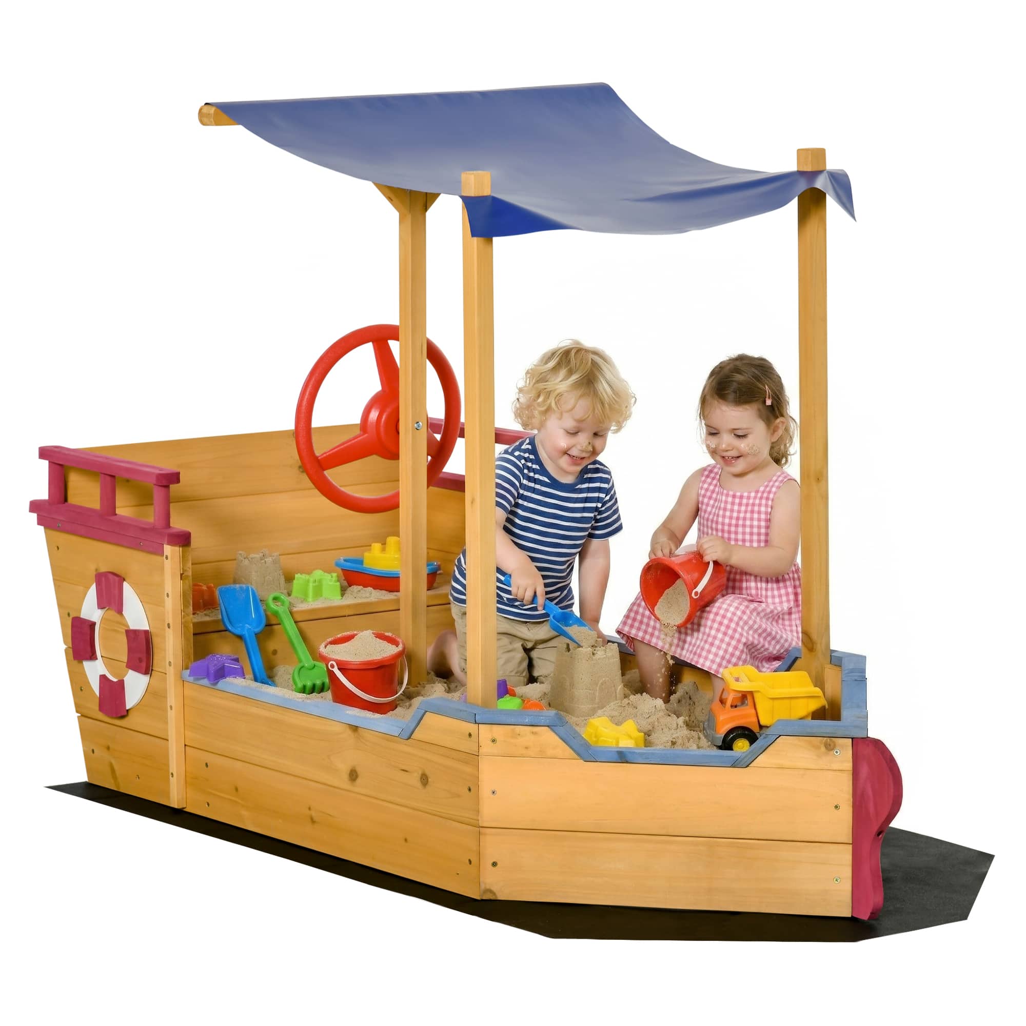 Outsunny - Kids Wooden Sandbox, w/ Canopy Bench Seat Storage Space