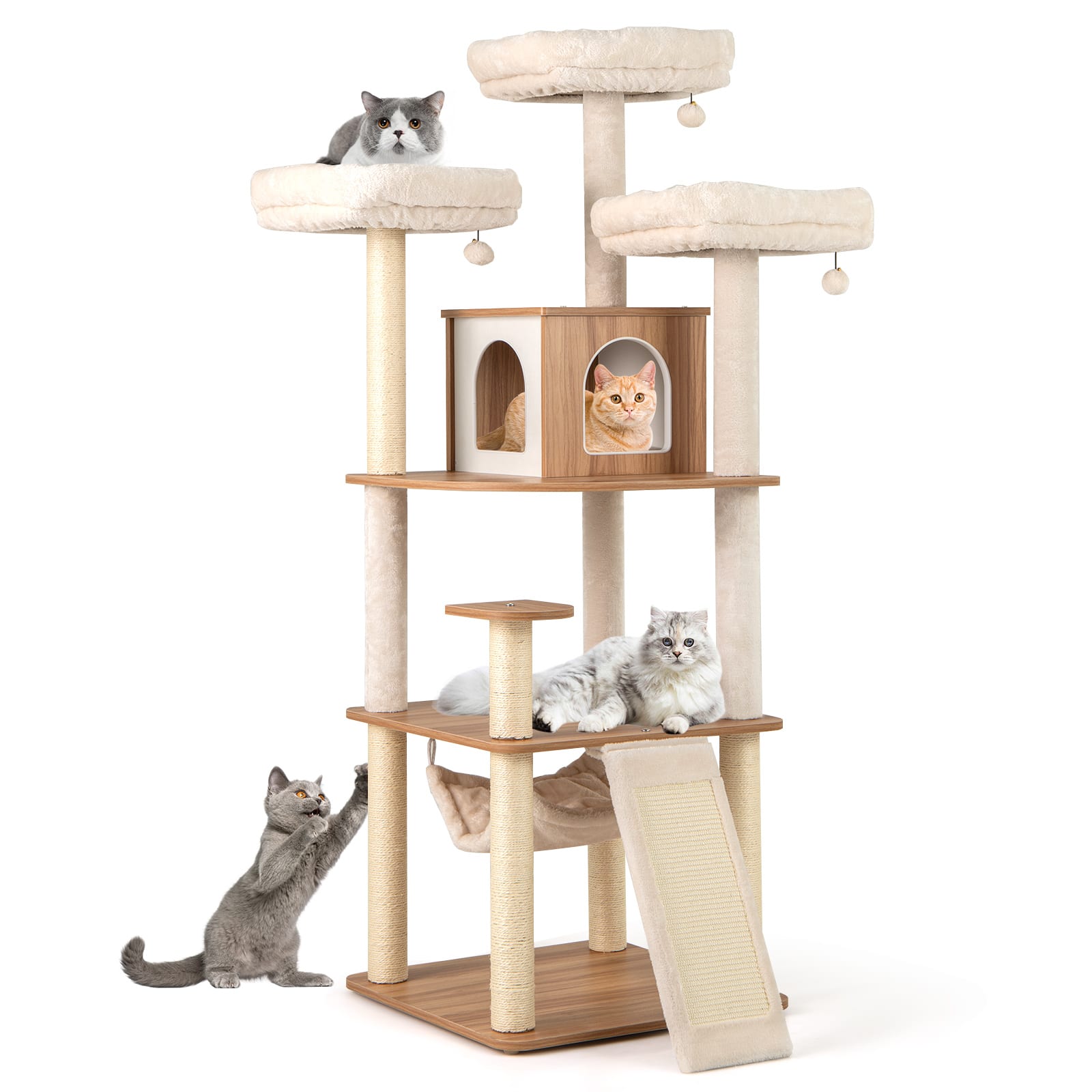 Gymax - 68'' Large Cat Tower w/ 3 Padded Perches Condo Sisal Scratching Posts & Ramp