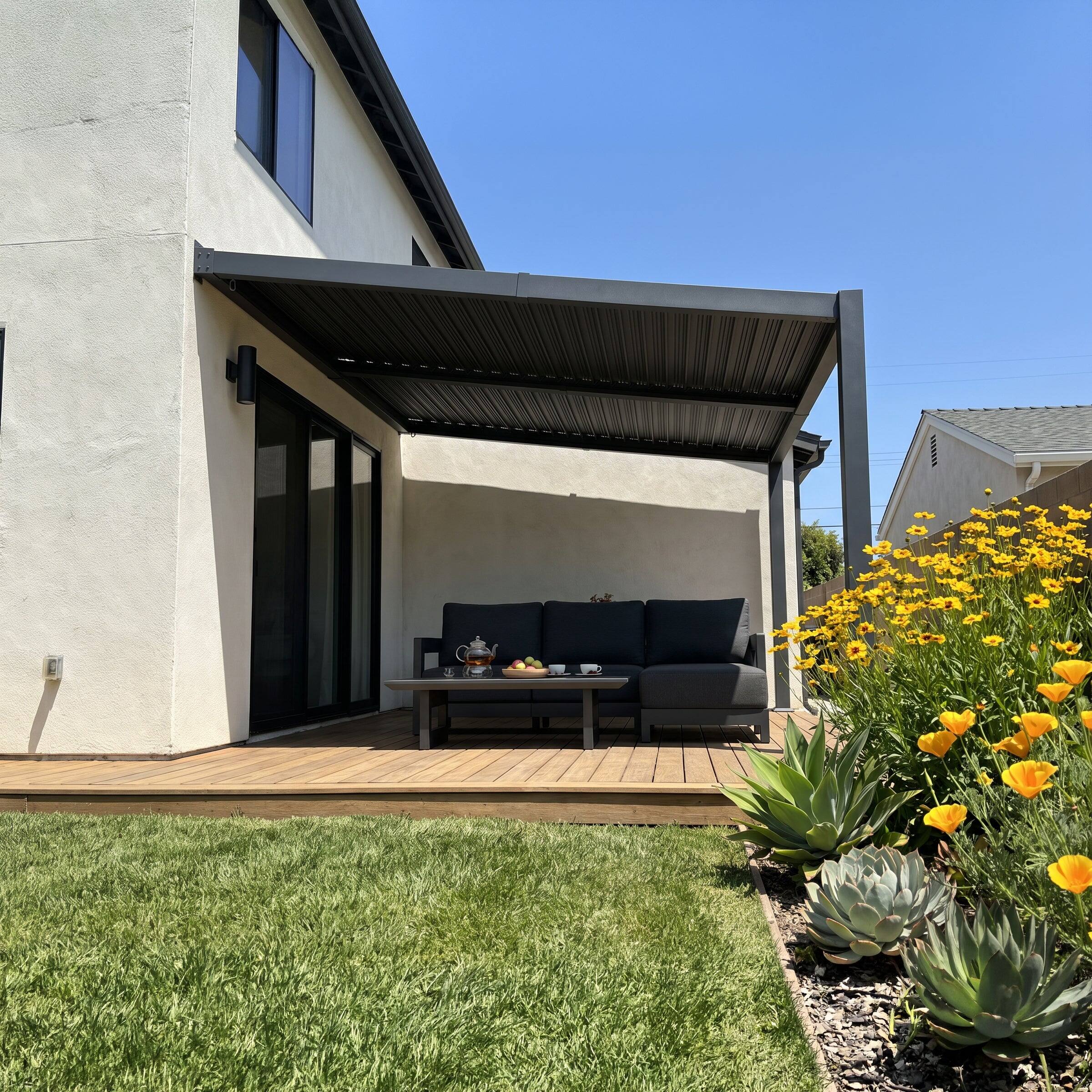 Left. PURPLE LEAF - 10'×12' Wall Mounted Louvered Pergola Aluminum Frame with Adjustable Roof Hidden Gutter Drainage for Patio Garden Yard - Gray.