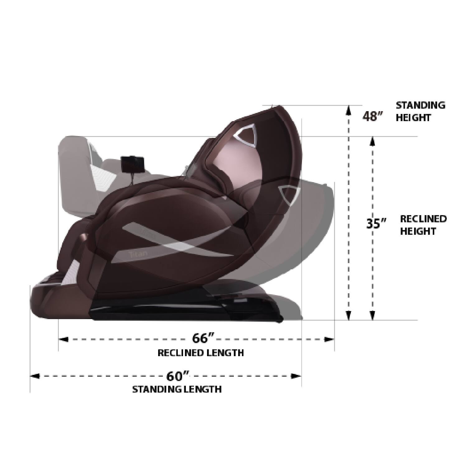 STANDING HEIGHT: 48"  
RECLINED HEIGHT: 35"  
RECLINED LENGTH: 66"  
STANDING LENGTH: 60"