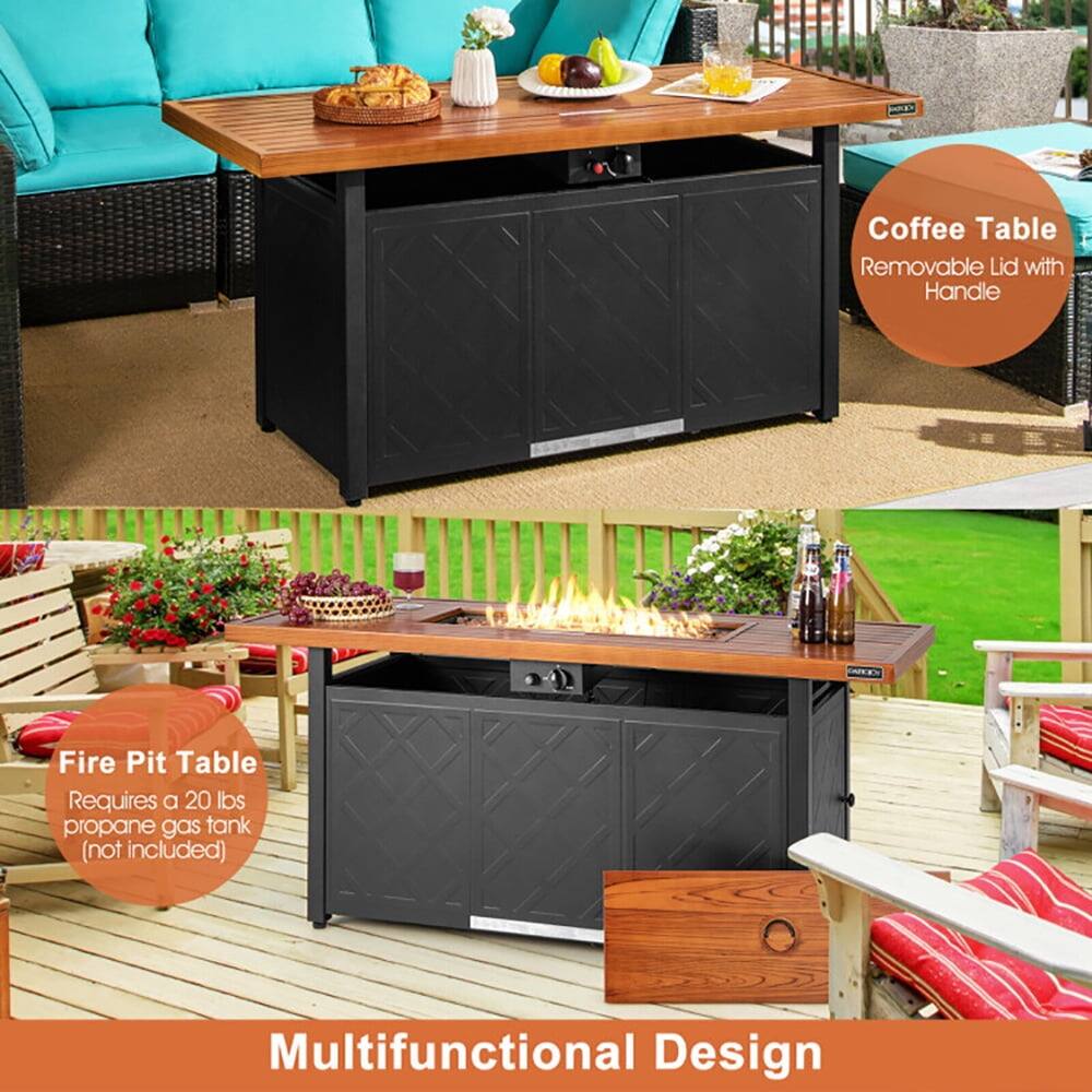 Coffee Table  
Removable Lid with Handle  

Fire Pit Table  
Requires a 20 lbs propane gas tank (not included)  

Multifunctional Design