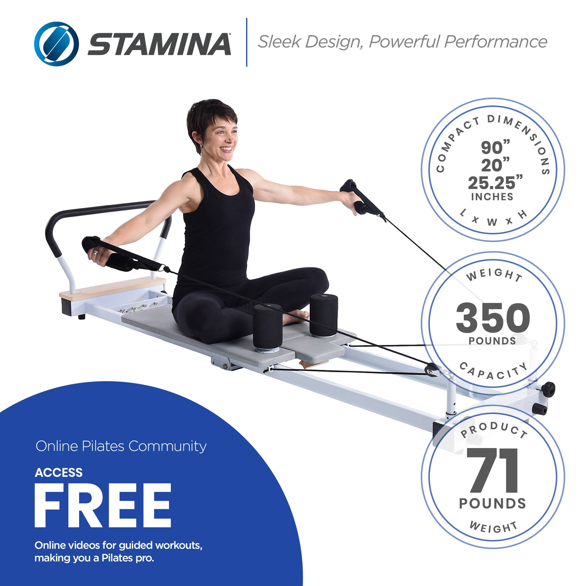 STAMINA  
Sleek Design, Powerful Performance  

COMPACT  
DIMENSIONS  
20" x 90" x 25.25" INCHES  

WEIGHT  
350 POUNDS CAPACITY  

PRODUCT  
71 POUNDS WEIGHT  

Online Pilates Community  
ACCESS FREE  
Online videos for guided workouts, making you a Pilates pro.