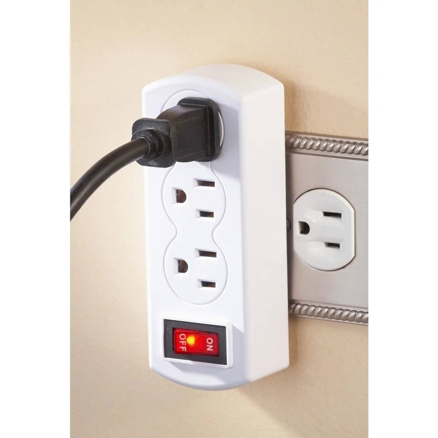 Left. Home Collection - 2 Pack Grounded 3-Outlet Plug Adapter with On/Off Switch - White.