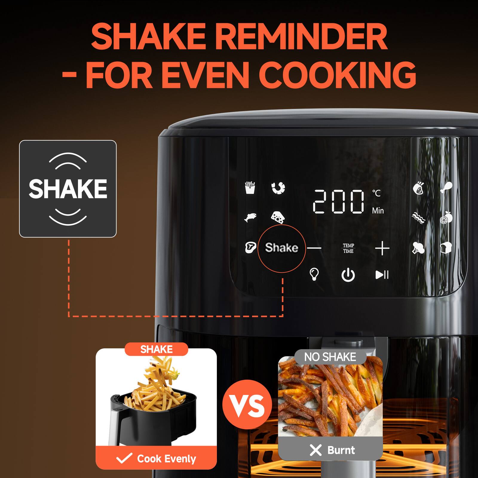 SHAKE REMINDER - FOR EVEN COOKING

SHAKE

200 °C
Min

Shake

SHAKE
Cook Evenly

VS

NO SHAKE
Burnt