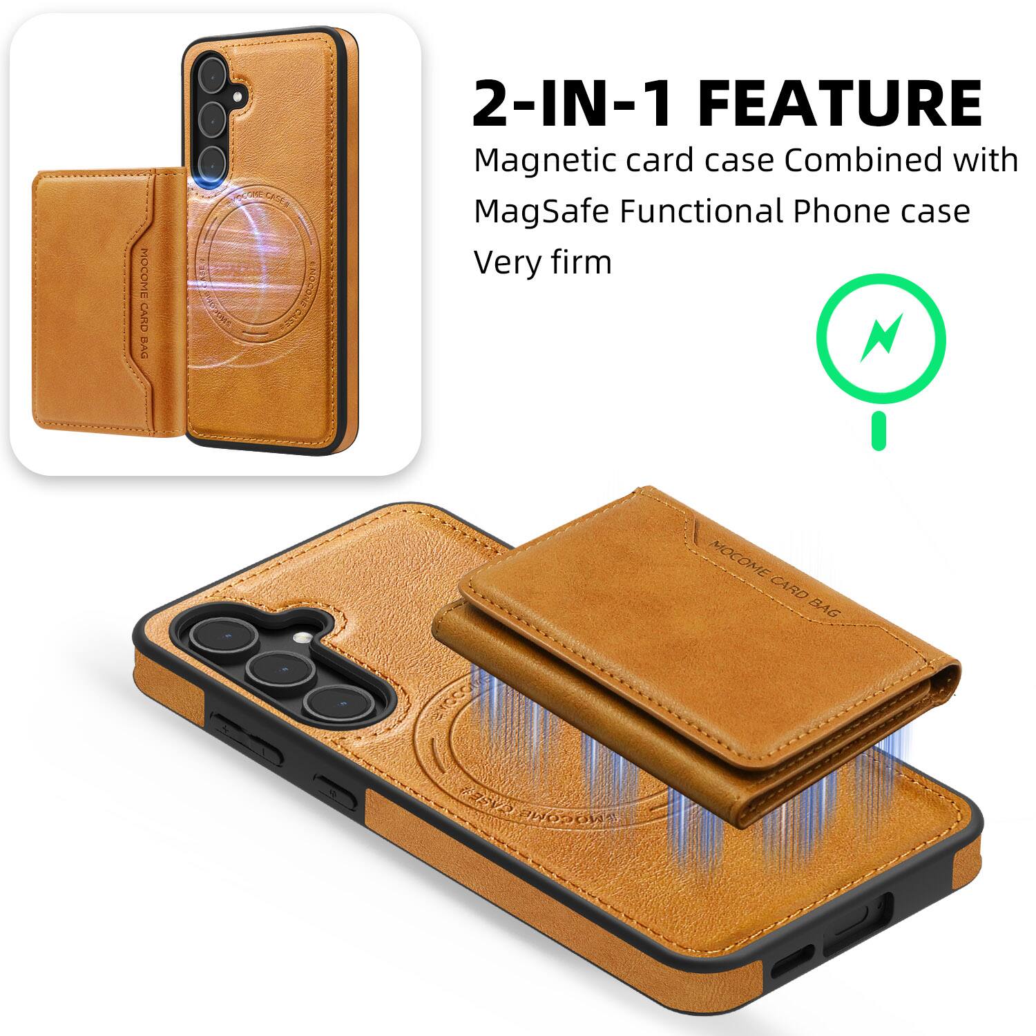 2-IN-1 FEATURE  
Magnetic card case Combined with MagSafe Functional Phone case  
Very firm  

MOCOME CARD BAG