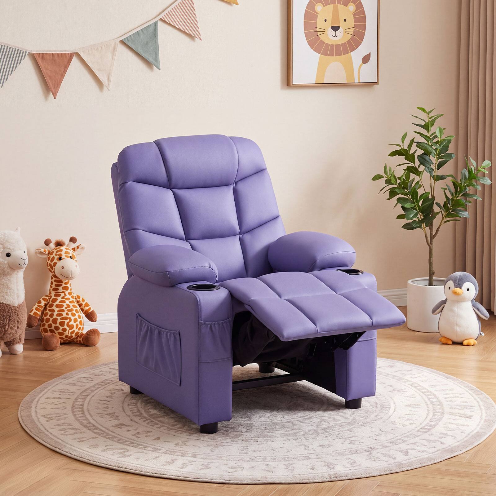 Alt View 3. Costway - Costway Kids Youth Recliner Chair PU Leather with Cup Holders & Side Pockets - Purple.