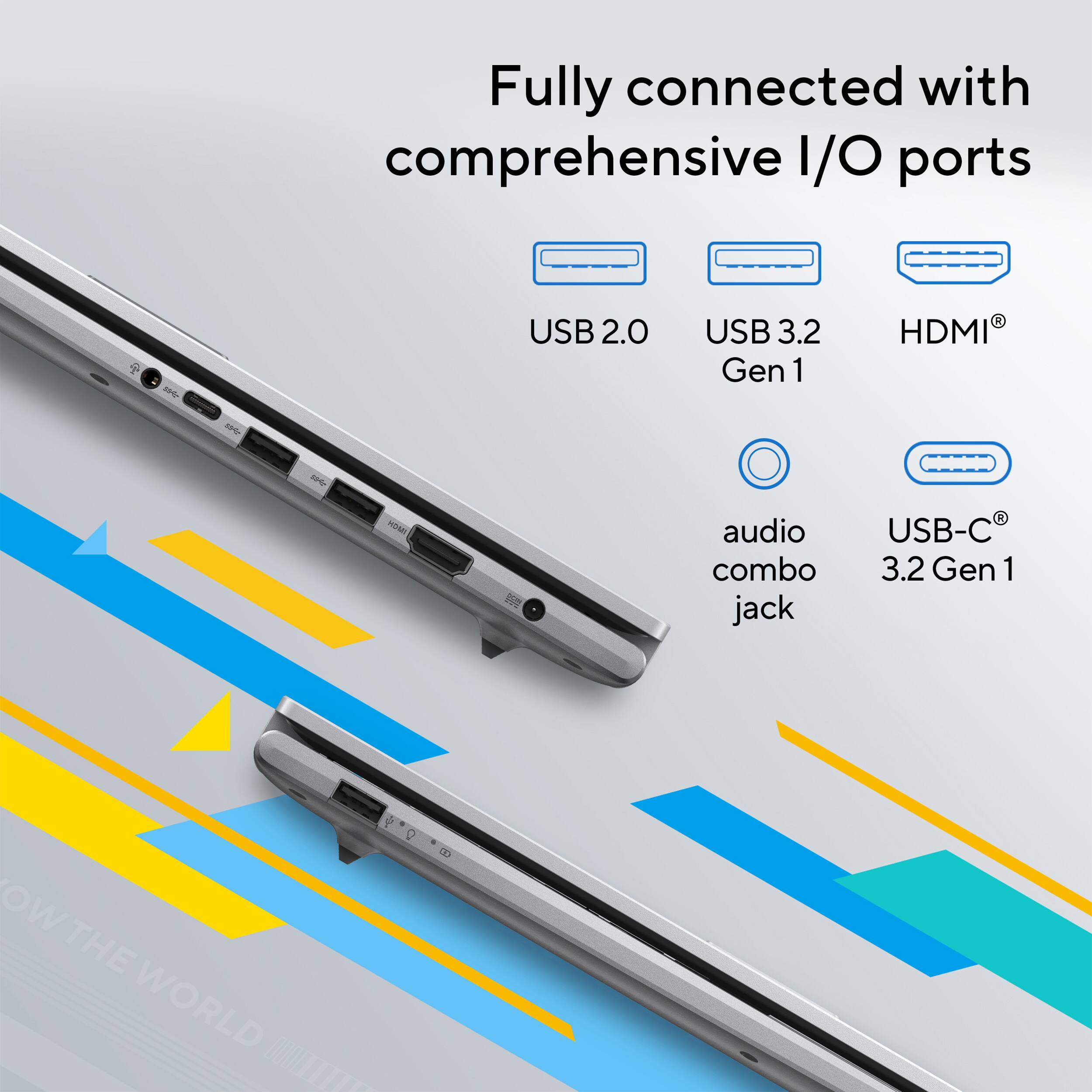 Fully connected with comprehensive I/O ports - USB 2.0, USB 3.2 Gen 1, HDMI, audio combo jack, USB-C 3.2 Gen 1.
