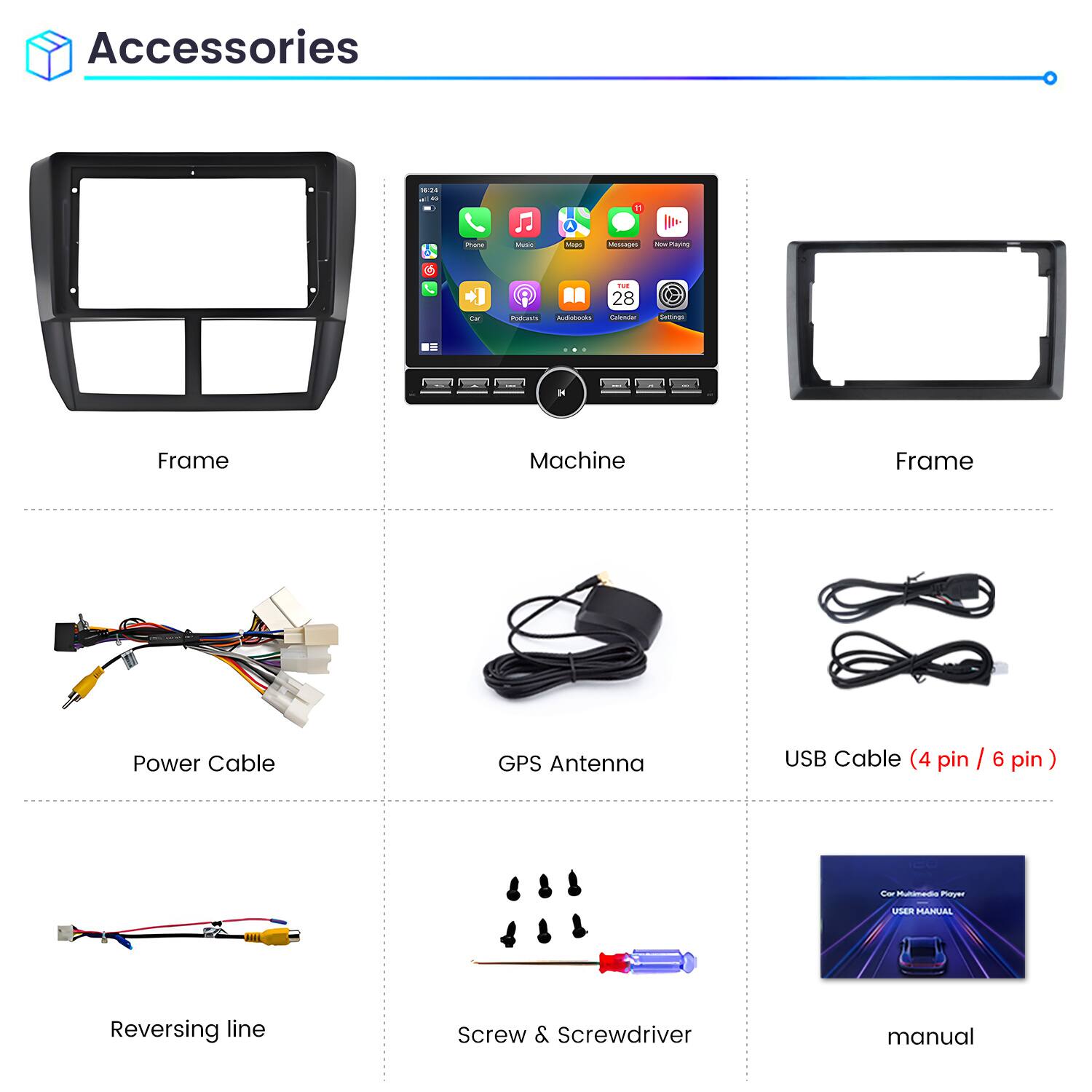 Accessories

- Frame
- Machine
- Frame
- Power Cable
- GPS Antenna
- USB Cable (4 pin / 6 pin)
- Reversing line
- Screw & Screwdriver
- Manual