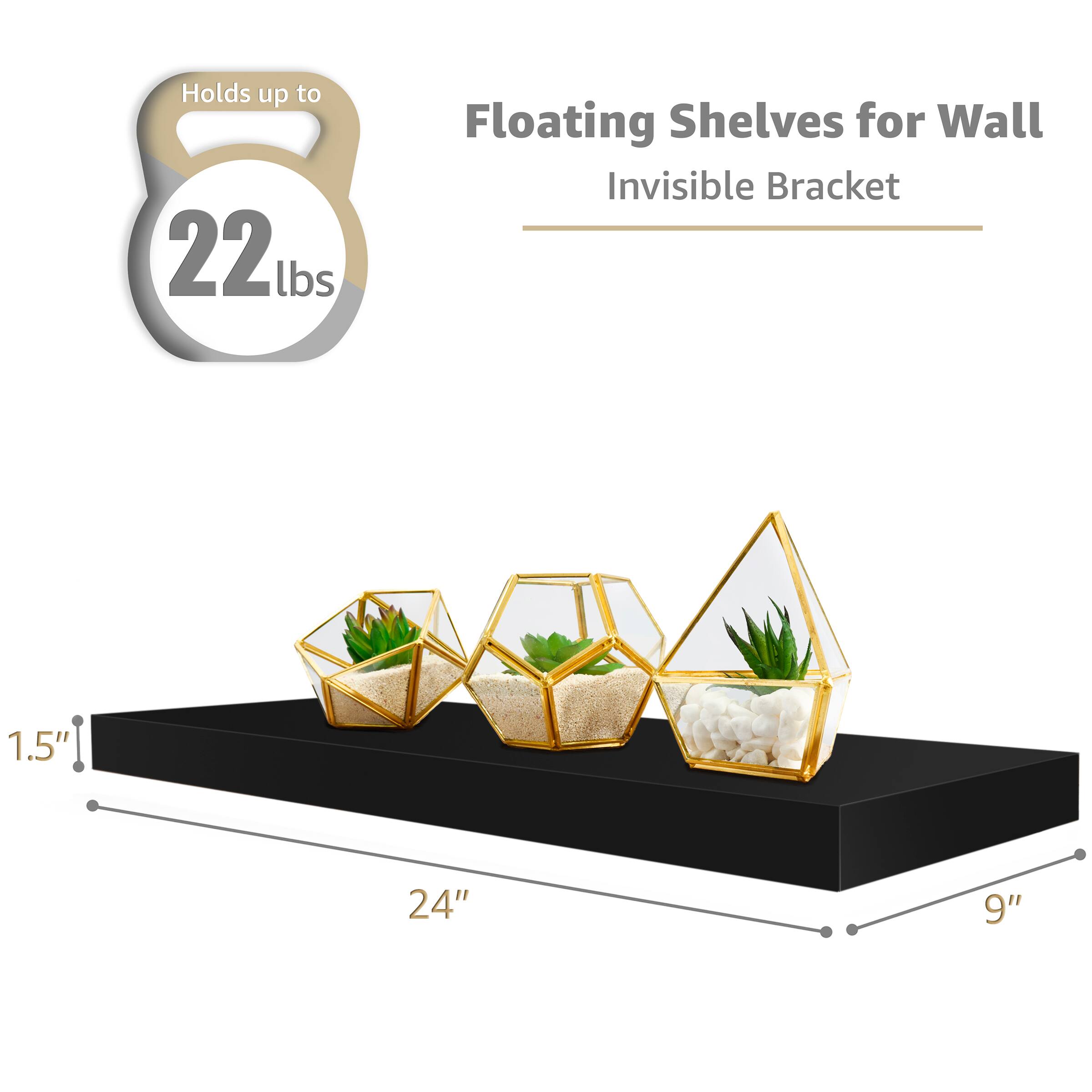 Holds up to 22 lbs, Floating Shelves for Wall, Invisible Bracket, 1.5", 24", 9"