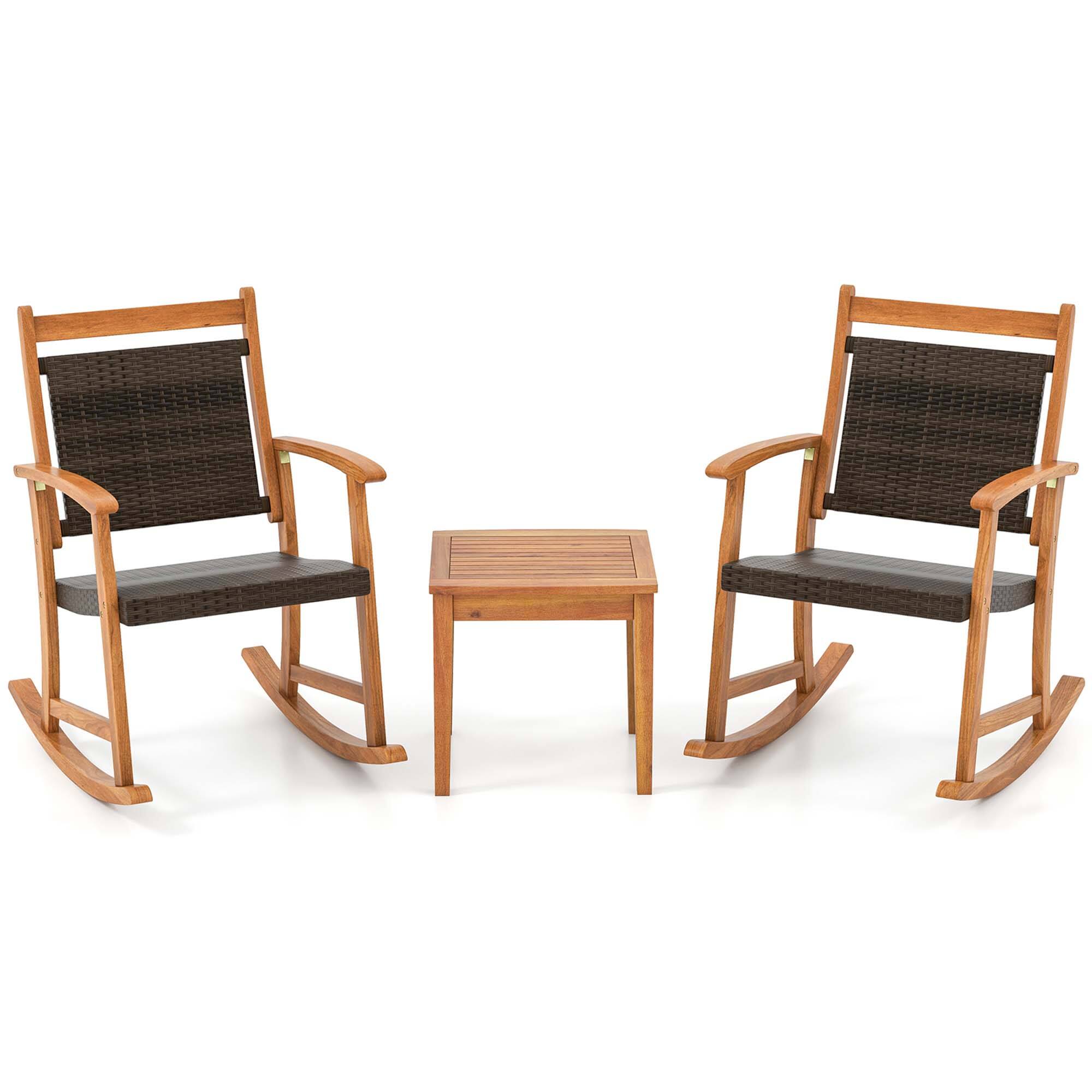 Alt View 8. Costway - Costway 3PCS Patio Rattan Rocking Chair Bistro Set Acacia Wood Frame Armrest - Mix Brown+Natural.