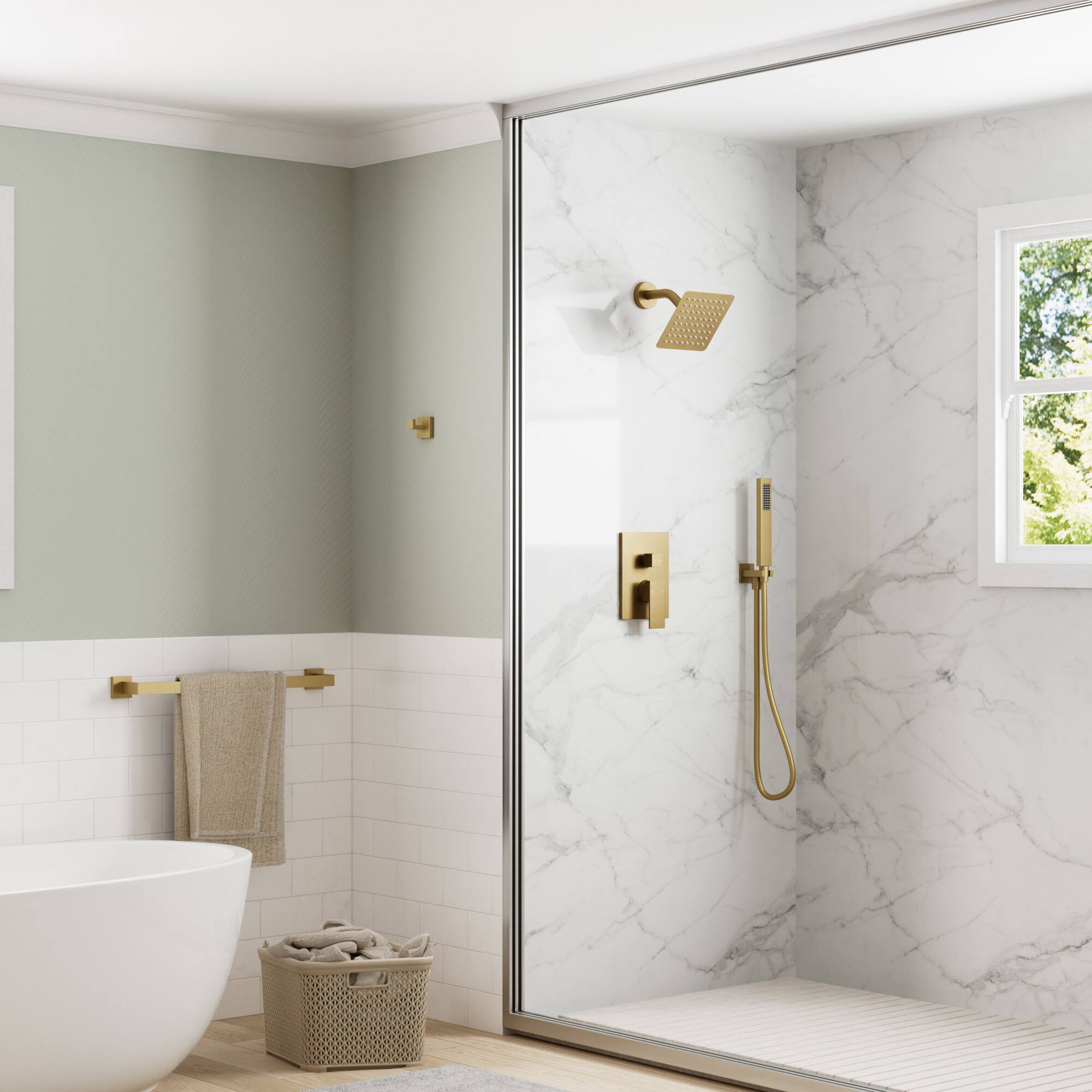 Left. GRANDJOY - 10" Rain Shower System with Handheld Shower Head and Single Handle Mixer Valve - Brushed Gold.