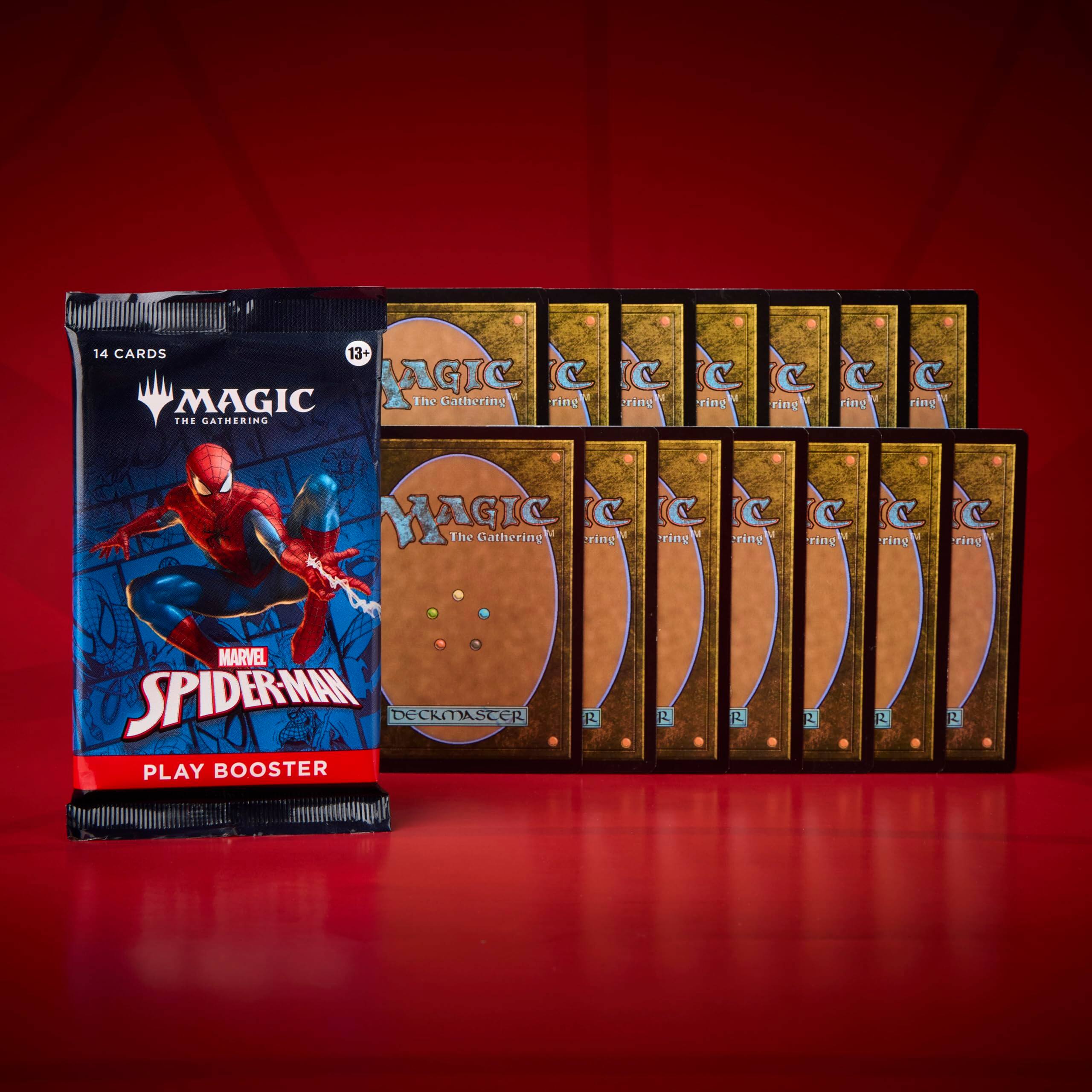 14 CARDS 13+ MAGIC The Gathering ring ring ring ring ring rine THE GATHERING MAGIC The Gathering ring ring rine D ring MARVEL SPIDERMAN DECKMASTER PLAY BOOSTER R R2 R R.