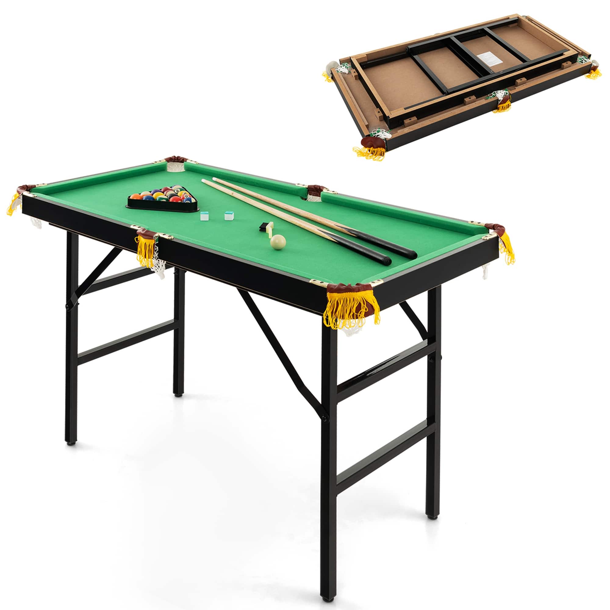 Front. Costway - 47" Folding Billiard Table Pool Game Table Indoor Kids w/ Cues Brush Chalk Green - Green.