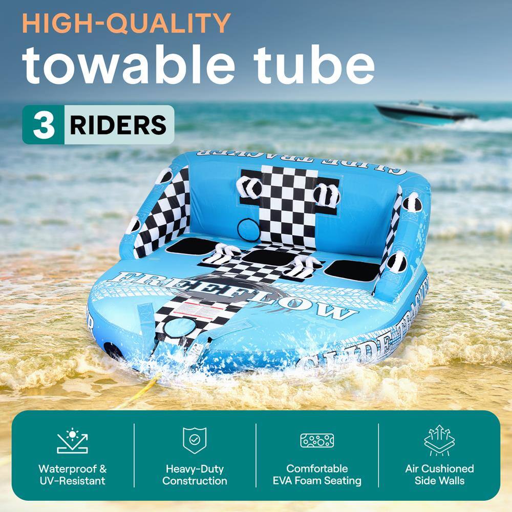 HIGH-QUALITY towable tube  
3 RIDERS  

Waterproof & UV-Resistant  
Heavy-Duty Construction  
Comfortable EVA Foam Seating  
Air Cushioned Side Walls