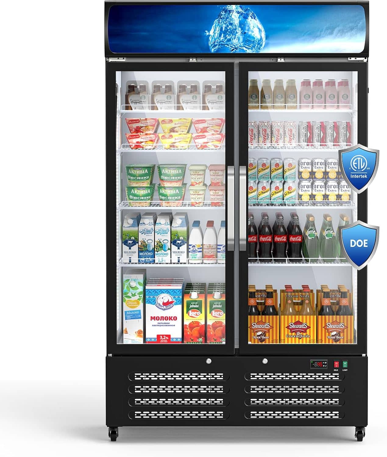 Mirfee - 28 Cu Ft Commercial Refrigerator with Double Glass Doors, Upright Beverage Display Fridge with Dual LED Lighting - Silver