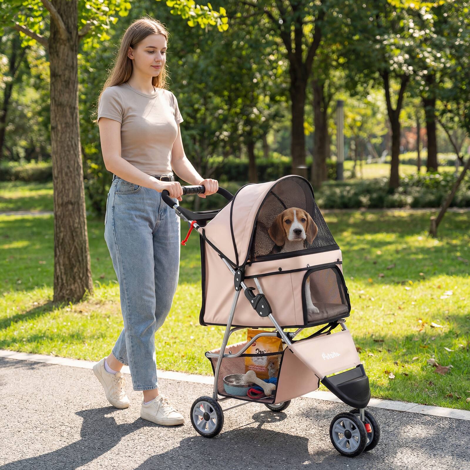 Alt View 1. Gymax - Gymax 3-Wheel Pet Stroller for Dogs Cats up to 33 LBS Foldable w/ Breathable Mesh Beige.