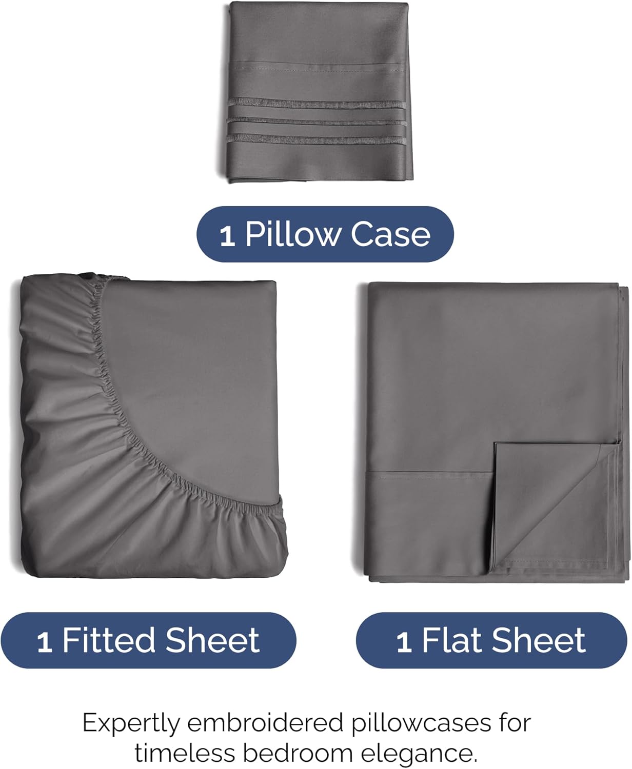 1 Pillow Case  
1 Fitted Sheet  
1 Flat Sheet  

Expertly embroidered pillowcases for timeless bedroom elegance.