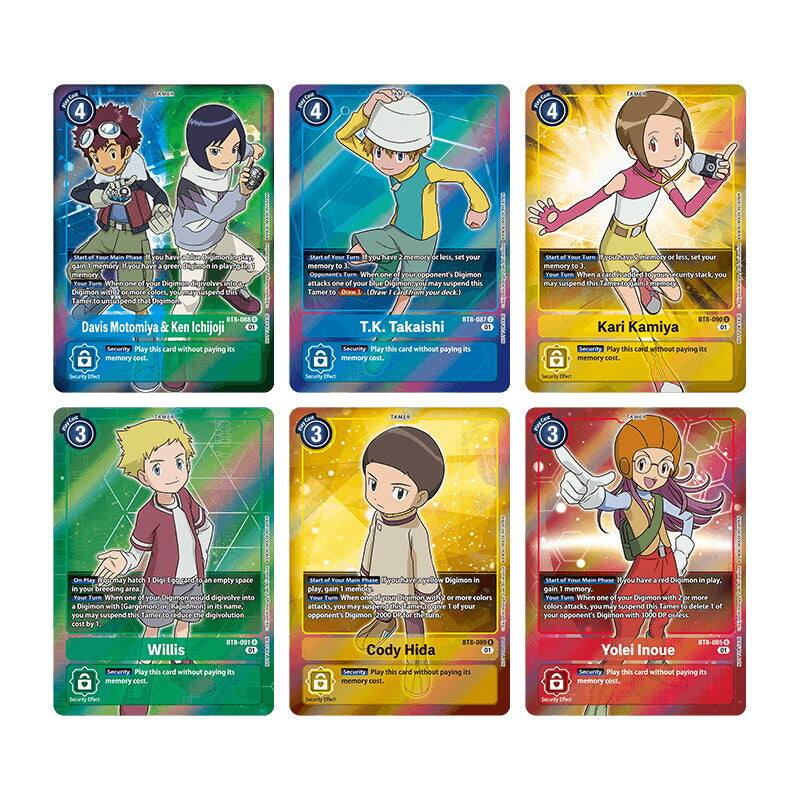 Sure, here is the corrected text:

---

**Davis Motomiya & Ken Ichijoji**  
4  
Security Play this card without paying its memory cost.  
BT8-068

**T.K. Takaishi**  
4  
Security Play this card without paying its memory cost.  
BT8-067

**Kari Kamiya**  
4  
Security Play this card without paying its memory cost.  
BT8-000

**Willis**  
3  
Security Play this card without paying its memory cost.  
BT8-090

**Cody Hida**  
3  
Security Play this card without paying its memory cost.  
BT8-090

**Yolei Inoue**  
3  
Security Play this card without paying its memory cost.  
BT8-090

---

Each card has a unique ability related to gaining memory or suspending attacks, as described on the cards.