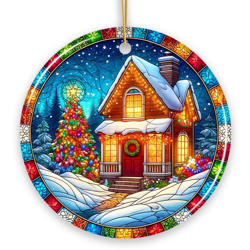 OrnamentallyYou - Snowy House Winter Scene Stained Glass Style Ceramic Ornament Christmas Gift and Decor - Multi-colored