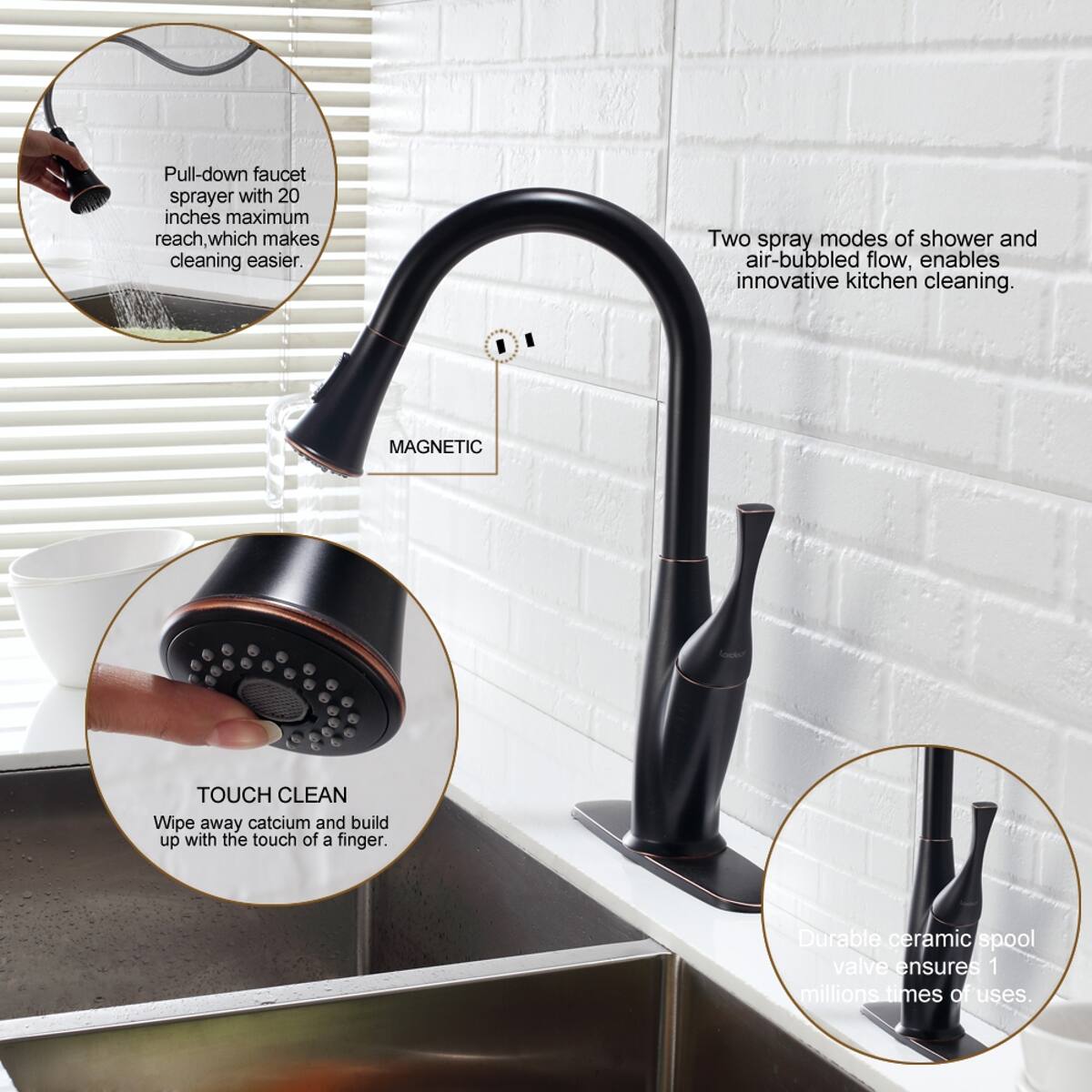 Ropilly Oil Rubbed Bronze Kitchen Faucet Pull Out Sprayer Single Handle ...