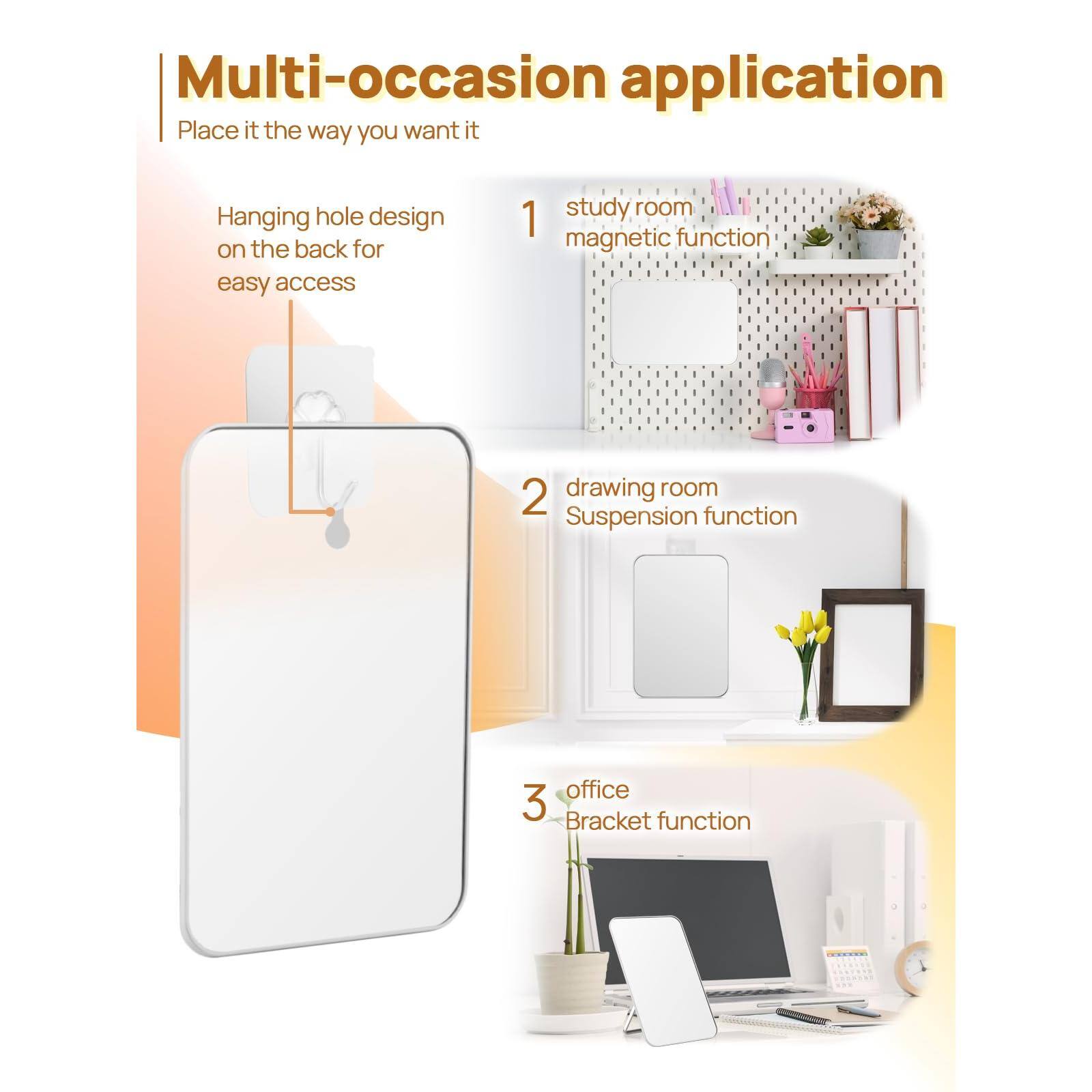 Multi-occasion application  
Place it the way you want it

1. Hanging hole design on the back for easy access  
   study room  
   magnetic function

2. drawing room  
   Suspension function

3. office  
   Bracket function