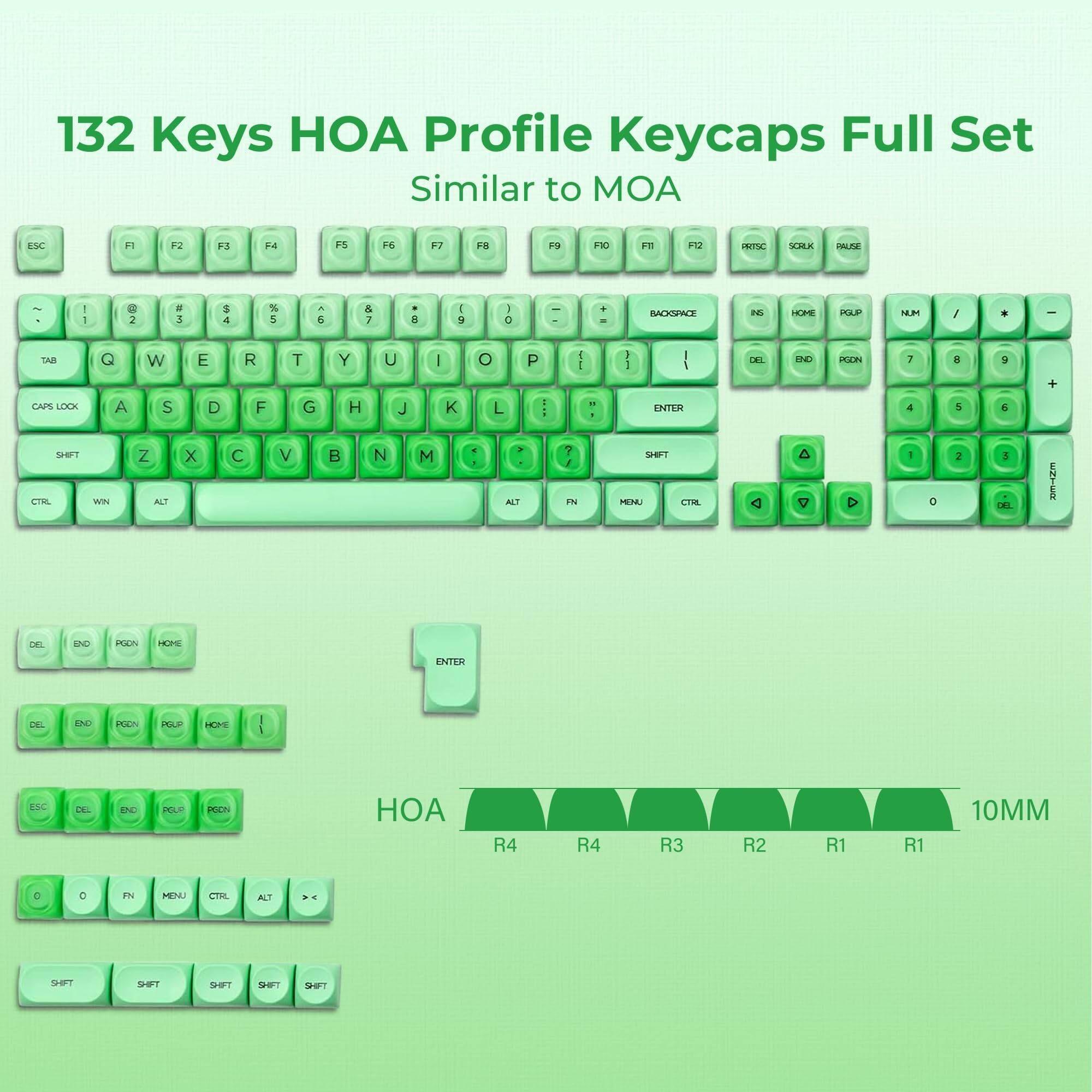 132 Keys HOA Profile Keycaps Full Set Similar to MOA

- ESC
- F1 F2 F3 F4 F5 F6 F7 F8 F9 F10 F11 F12
- 1 2 3 4 5 6 7 8 9 0
- TAB Q W E R T Y U I O P
- CAPS LOCK A S D F G H J K L ;
- SHIFT Z X C V B N M , .
- CTRL WIN ALT
- ENTER
- BACKSPACE
- INS HOME PGUP NUM / *
- DEL END PGDN PGUP
- NUM 7 8 9 + NUM 4 5 6 - NUM 1 2 3 0 DEL
- FN MENU CTRL ALT
- SHIFT
- HOA R4 R3 R2 R1 R1
- 10MM