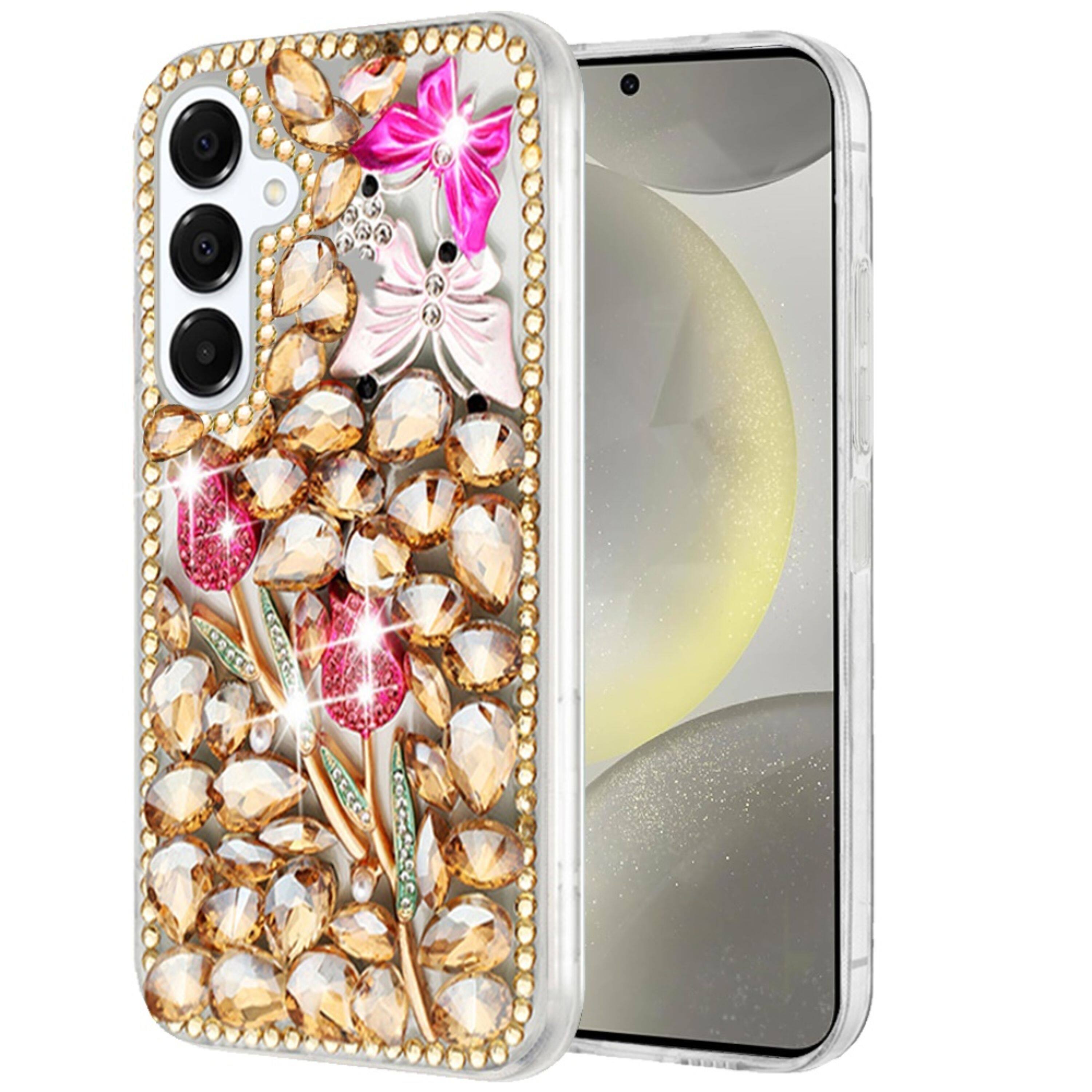 Angle. Kitcheniva - Full Diamond Bling Cover 3D Jewels Plus Tempered Glass For Samsung S25/S24 Gold Exquisite Garden - Multicolor.