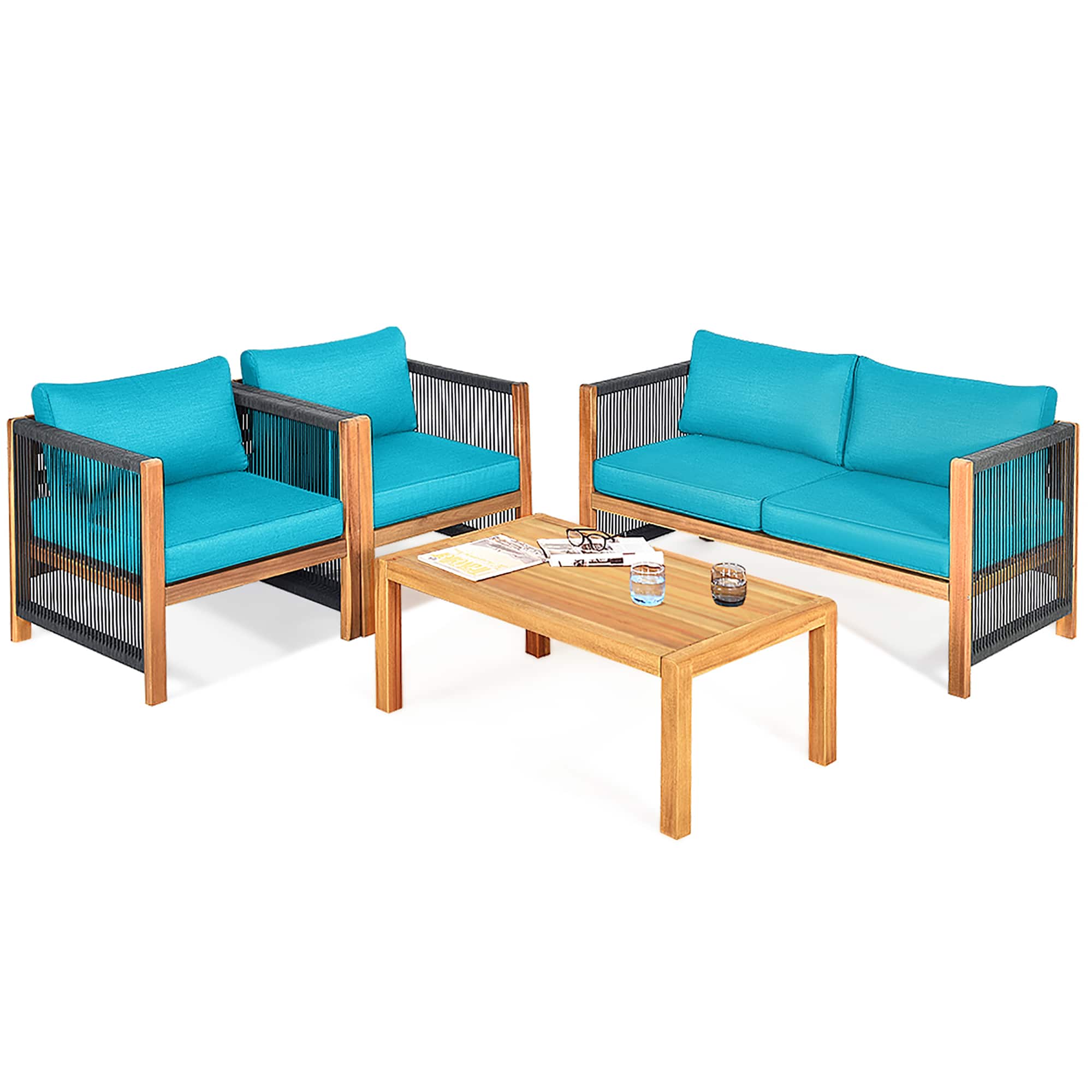 Costway - 4PCS Wooden Patio Furniture Set Cushioned Sofa W/Rope Armrest - Turquoise