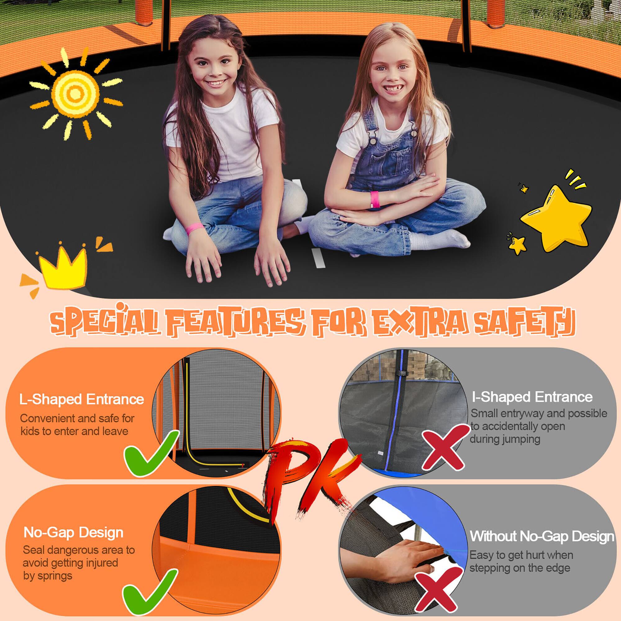 **SPECIAL FEATURES FOR EXTRA SAFETY**

- **L-Shaped Entrance**  
  Convenient and safe for kids to enter and leave  
  ✔️

- **No-Gap Design**  
  Seal dangerous area to avoid getting injured by springs  
  ✔️

- **I-Shaped Entrance**  
  Small entryway and possible to accidentally open during jumping  
  ❌

- **Without No-Gap Design**  
  Easy to get hurt when stepping on the edge  
  ❌