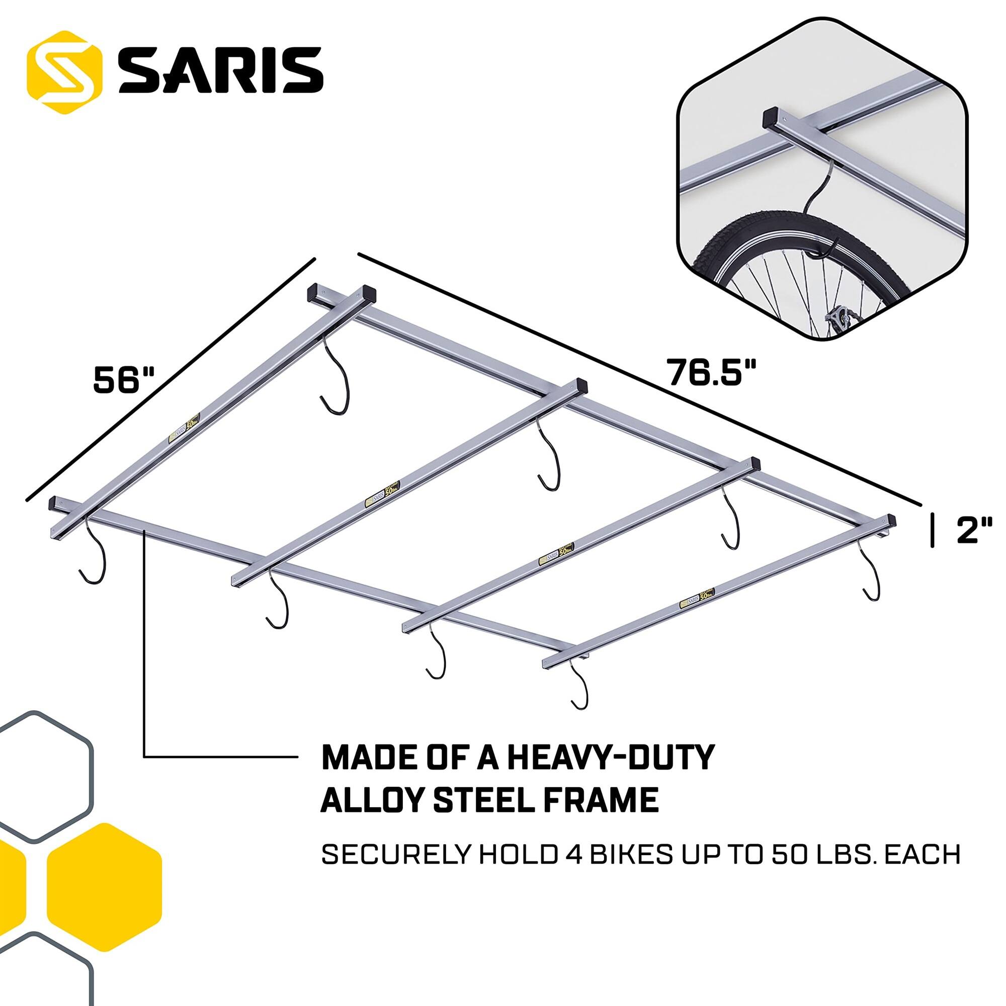 SARIS  
56" x 76.5" x 2"  
MADE OF A HEAVY-DUTY ALLOY STEEL FRAME  
SECURELY HOLD 4 BIKES UP TO 50 LBS. EACH