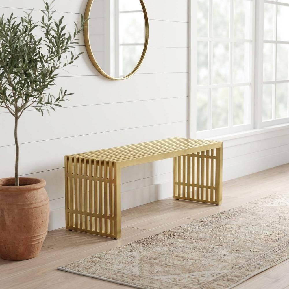Angle. FurniFact - Medium stainless steel bench with durable construction and sleek design - Gold.