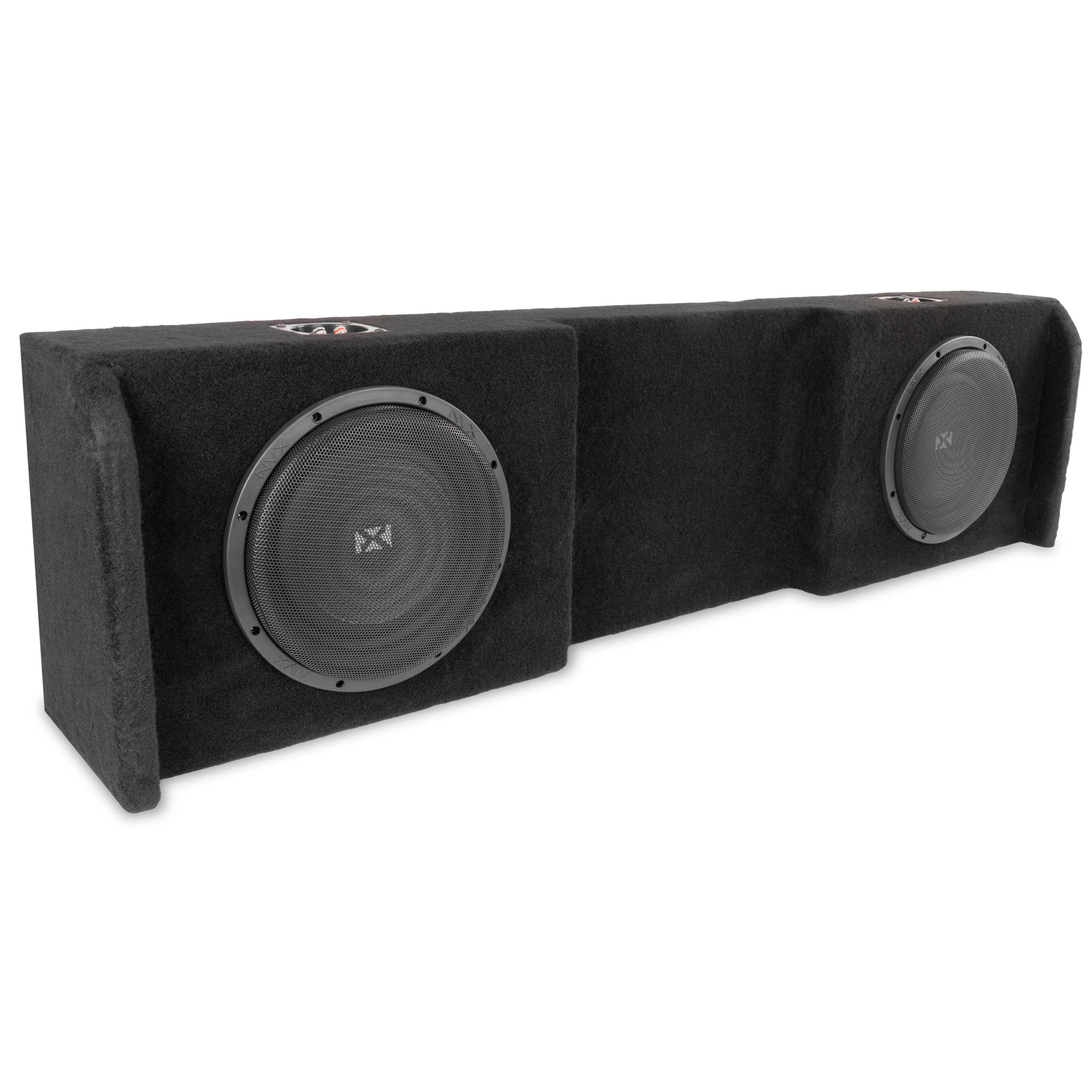 Front. NVX - 2004-2018 Nissan Titan/Titan XD Crew/King Cab Bass Package - Dual 10" Sealed Subwoofer Enclosure & Amplifier Bundle - Black.