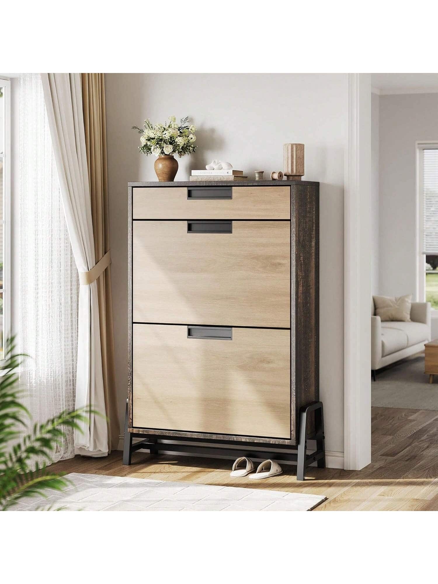 GARVEE - Shoe Storage Organizer With 2 Flip Drawers And 1 Drawer Freestanding Narrow Shoe Rack Shoe Storage Organizer - Natural Oak