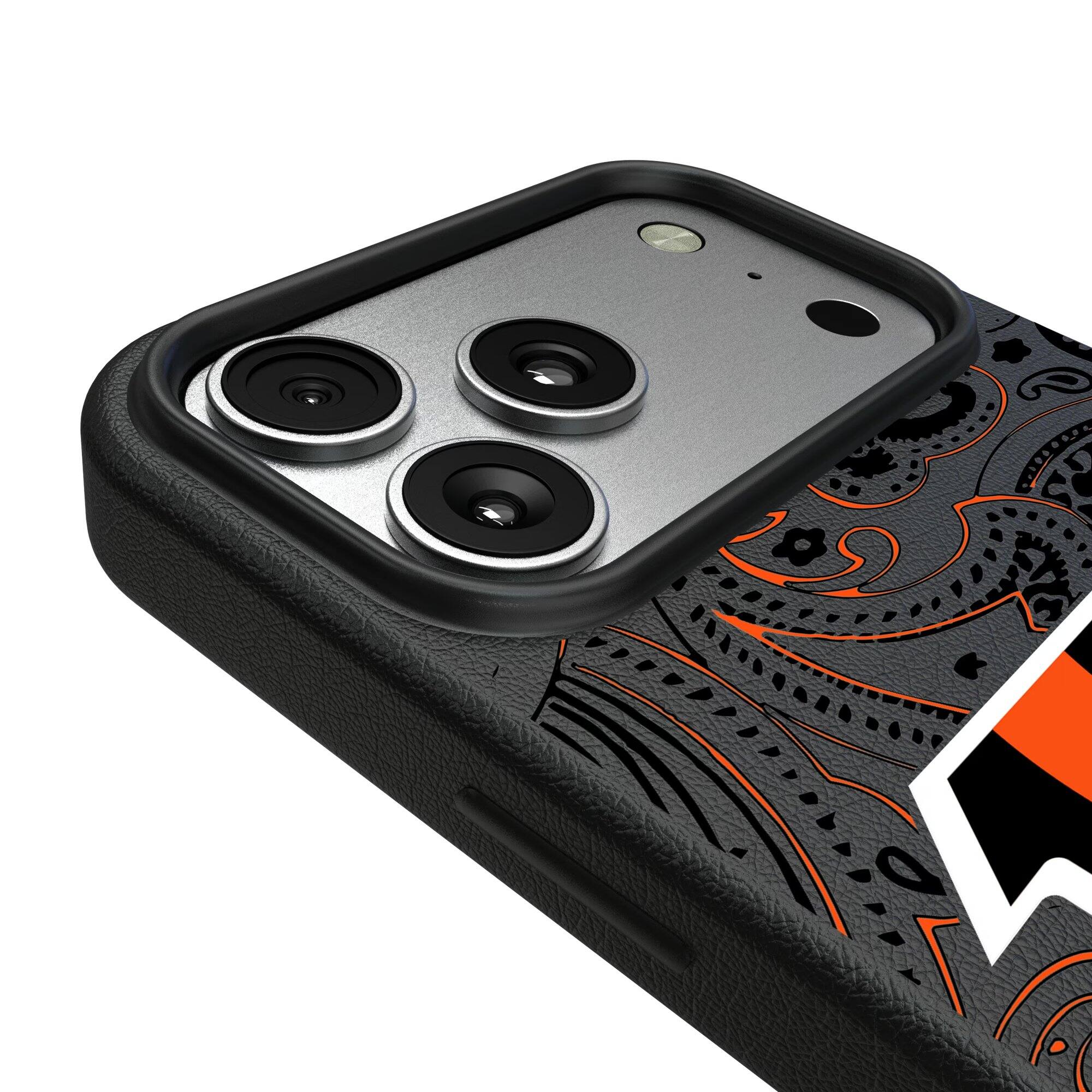 Alt View 2. Keyscaper - Cincinnati Bengals Paisley iPhone Magnetic Bump Case - 16 Pro - Black.