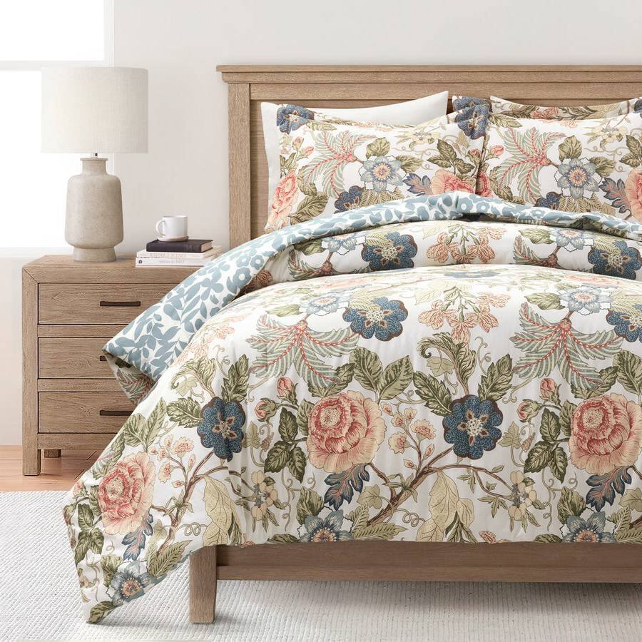 Hivvago Full/Queen Floral Country Cottage Blue Green Coral Beige 3 ...