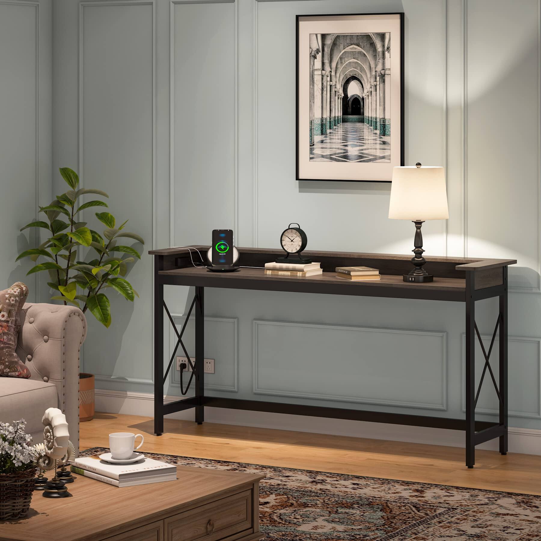 Back. Tribesigns - Sofa Table with Outlets and USB Ports, 70.9 inch Extra Long Console Table Behind Couch with Charging Station, Industrial - Grey.