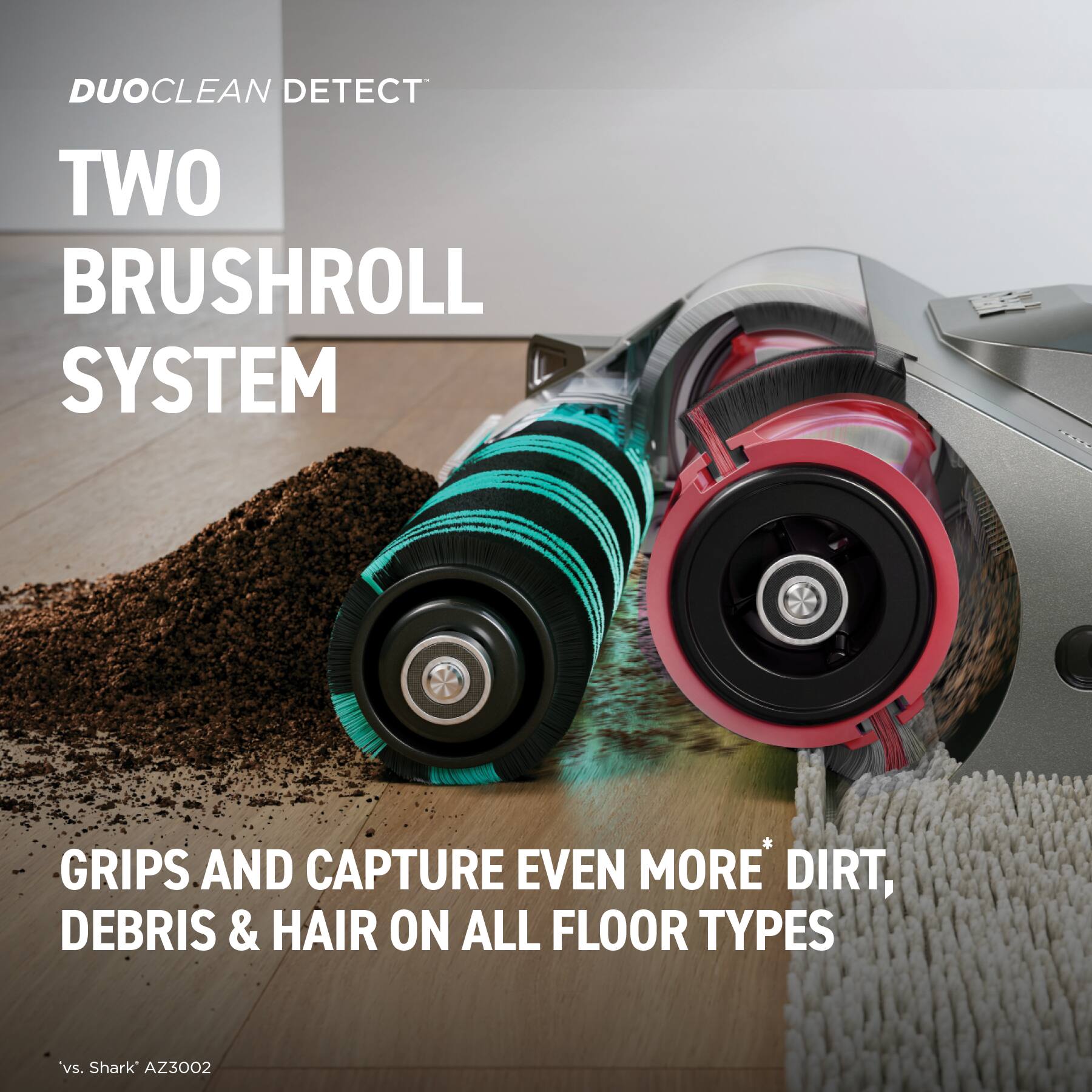 DUOCLEAN DETECT TWO BRUSHROLL SYSTEM GRIPS AND CAPTURE EVEN MORE DIRT, DEBRIS & HAIR ON ALL FLOOR TYPES vs. Shark AZ3002
