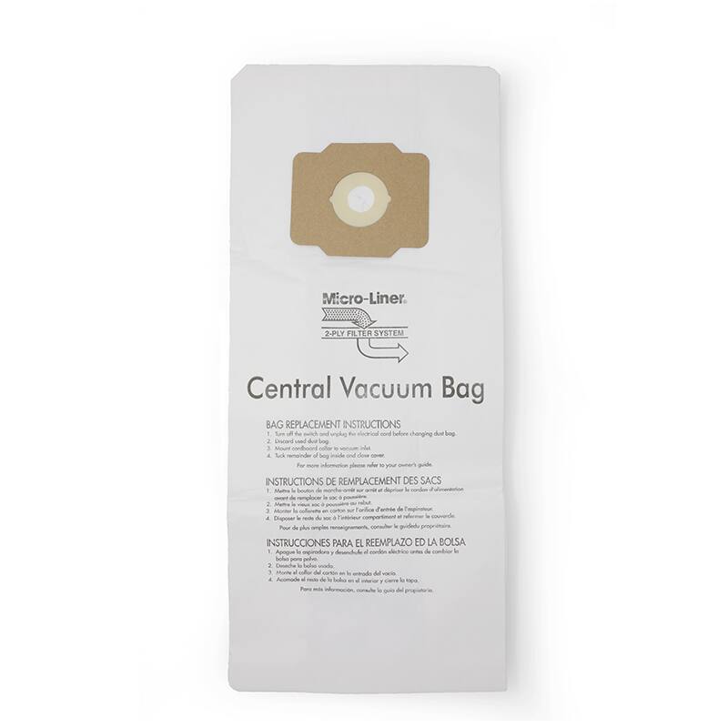 **Micro-Liner 2-PLY FILTER SYSTEM**

**Central Vacuum Bag**

**BAG REPLACEMENT INSTRUCTIONS**

1. Turn off power and unplug electrical cord before changing bag.
2. Discard used bag.
3. Mount new bag to vacuum.
4. Lock safety flap inside bag.

For more information, please refer to your owner's guide.

**INSTRUCTIONS DE REMPLACEMENT DES SACS**

1. Éteignez l'alimentation et débranchez le cordon électrique avant de changer le sac.
2. Jetez le sac usé.
3. Montez le nouveau sac à la machine.
4. Verrouillez la fermeture intérieure du sac.

Pour plus d'informations, consultez le guide de l'utilisateur.

**INSTRUCCIONES PARA EL REEMPLAZO DE LA BOLSA**

1. Apague el equipo y desconecta el cable eléctrico antes de cambiar la bolsa.
2. Descarte la bolsa usada.
3. Monta la nueva bolsa a la máquina.
4. Asegura la tapa de seguridad dentro de la bolsa.

Para más información, consulte el manual del propietario.