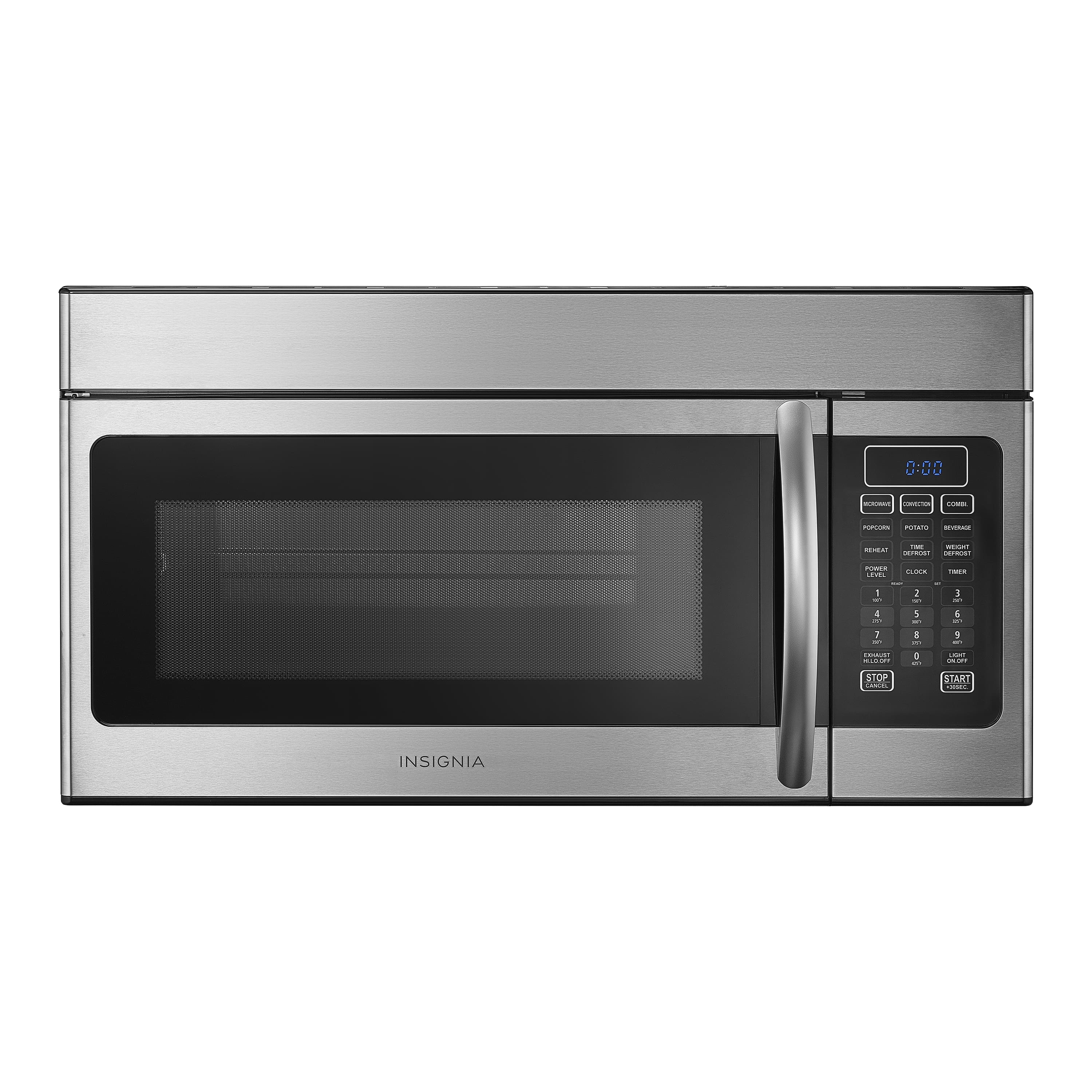 Insignia microwave oven with a stainless steel door and a digital display. The microwave has a timer that can be set for up to 10 minutes.