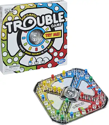 AGES 5+ POP-O-MATIC TROUBLE GAME! TRY ME! THERE'S MORE TROUBLE IN THE BUBBLE Ha Hasbro Gaming WARNING: CHOKING HAZARD-Small parts. Not for children under 3 years.