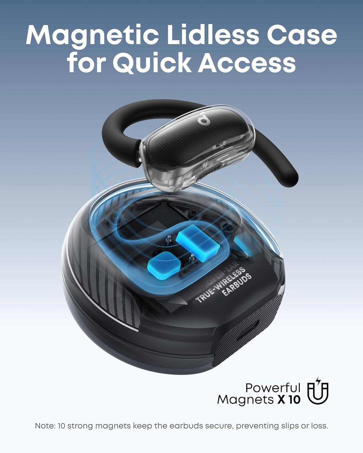 Magnetic Lidless Case for Quick Access

Powerful Magnets X 10

Note: 10 strong magnets keep the earbuds secure, preventing slips or loss.