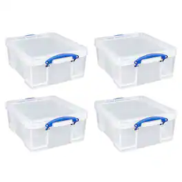 Really Useful Box - 17L Storage Container with Lid and Clip Lock Handles, (4 Pack) - Clear